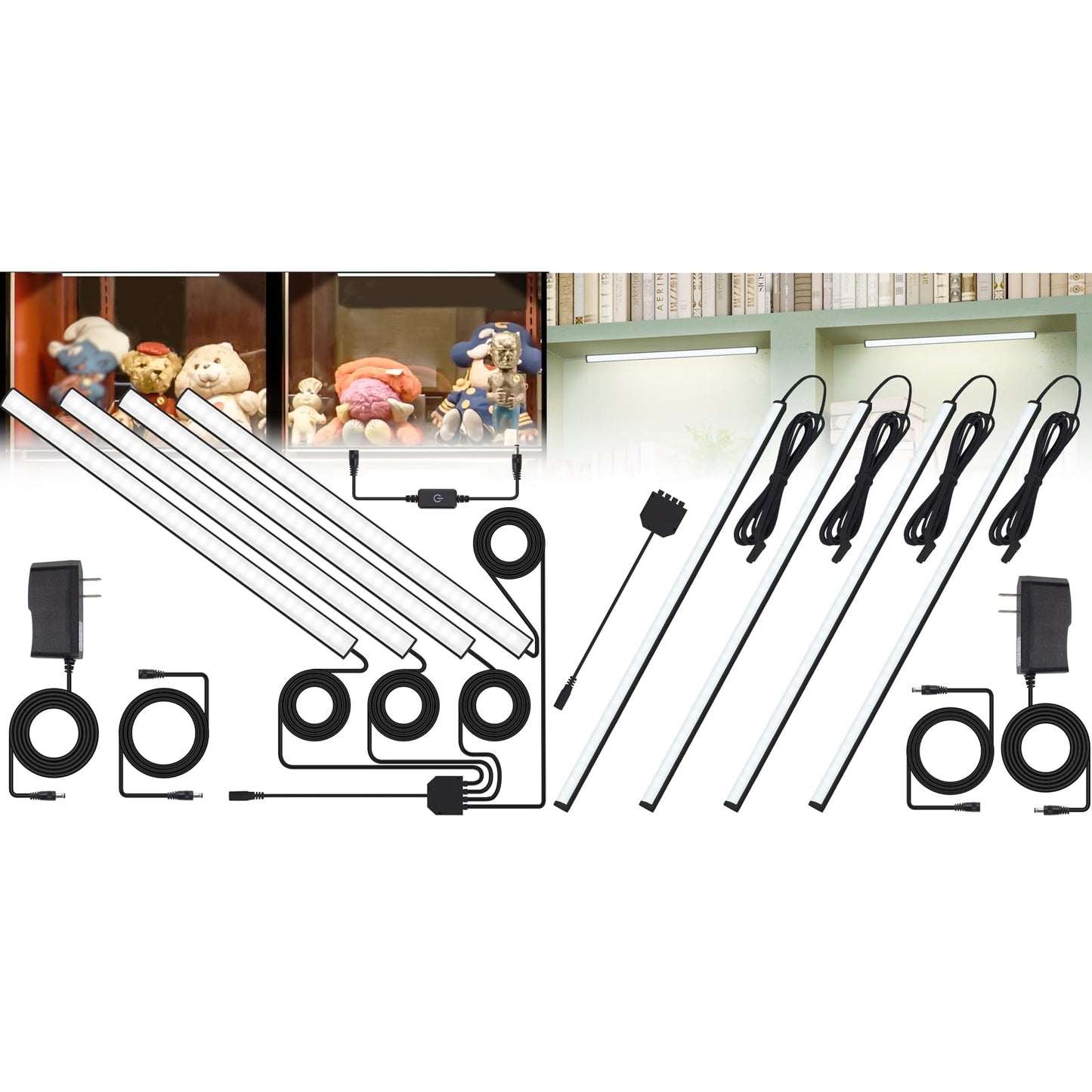 Black Shell Display Cabinet Lights, Under Shelf Lighting with Memory Function, 2 Sets of 4x12 Inch Plug-in Bookshelf Lighting, LED Cabinet Lights for Display Case/Pantry/Closet/Safe, Cold White 6000K