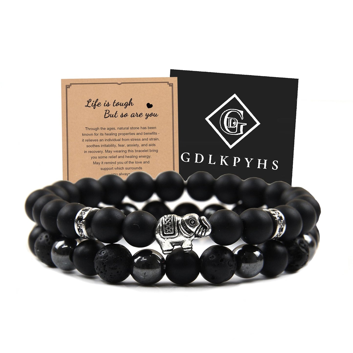 GDLKPYHS Black Obsidian Bracelets for Men - Elephant Bracelet - Tourmaline Beaded Bracelets, 8MM Black Onyx Hematite Lava Stone Beads Triple Protection Bracelet for Men Women Gifts