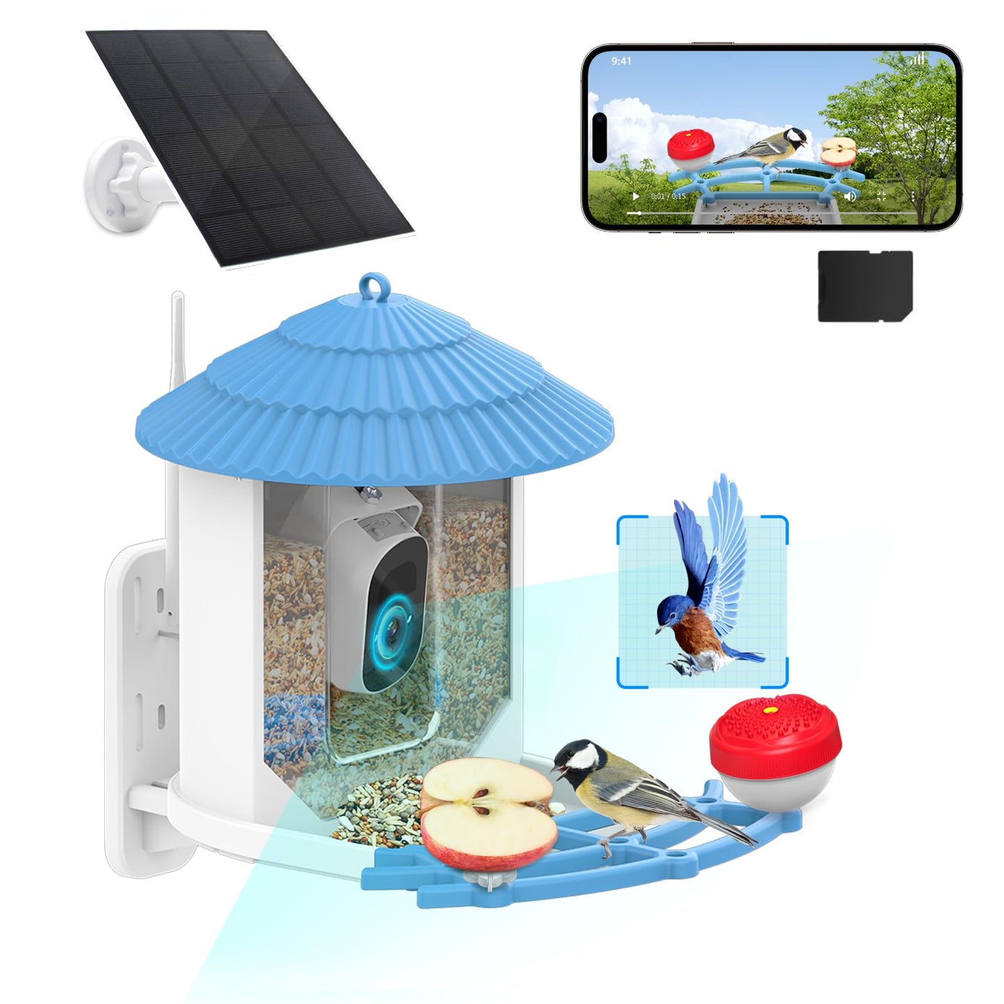 Smart Bird Feeder with Camera, Solar Powered Birds Watching Camera, 2K Night Vsion, AI Identify, Auto Capture & Live Video Watch Birds, Built-in TF, Ideal Gift for Outdoor Bird Watching Lover