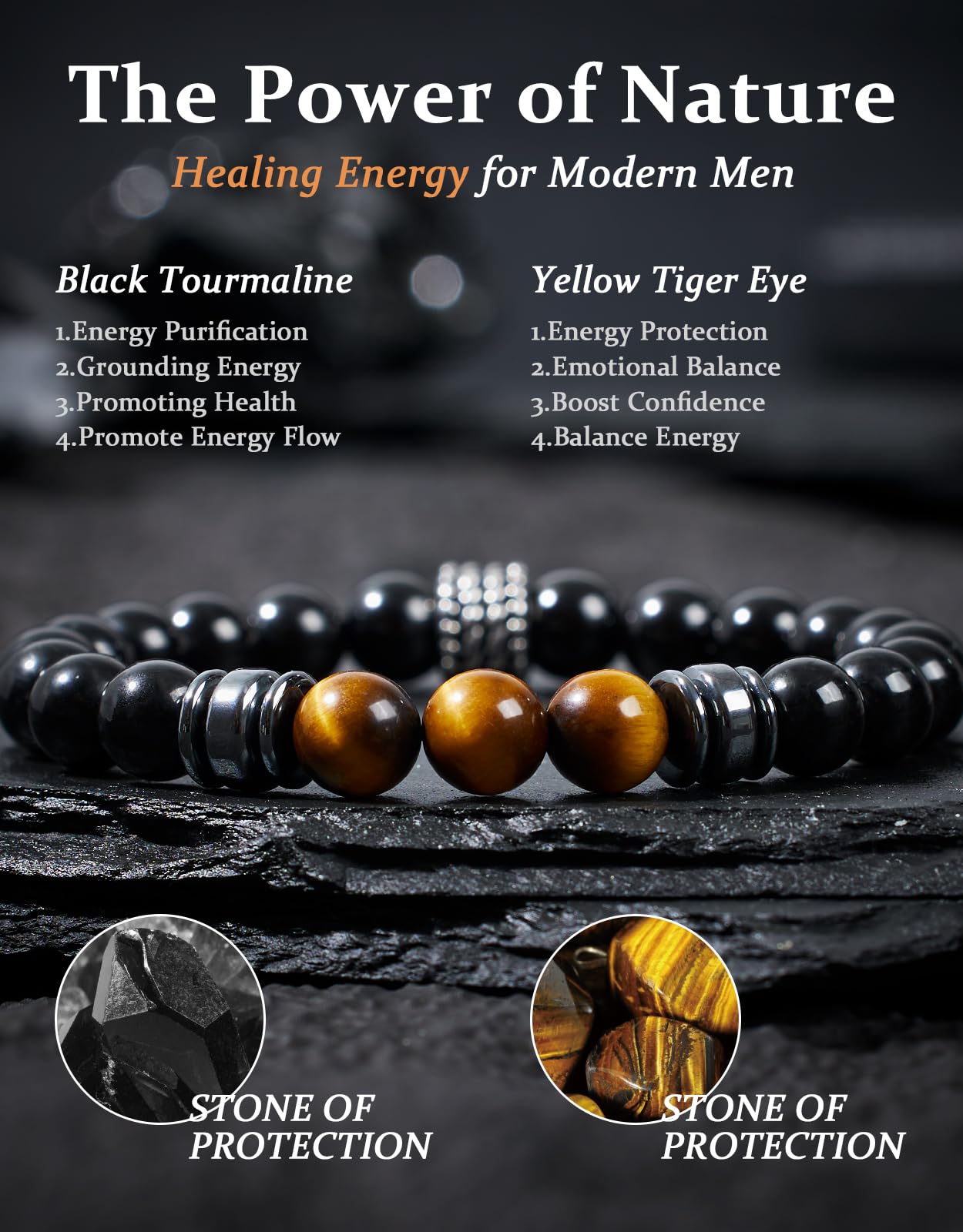 Landorilo Gifts for Men, 8mm Natural Stone Beaded Bracelets, Black Tourmaline & Tiger's Eye Healing Bracelet, Handmade Mens Jewelry Gift for Him, Husband, Son, Father, Friend(Happy Birthday-7.5in)