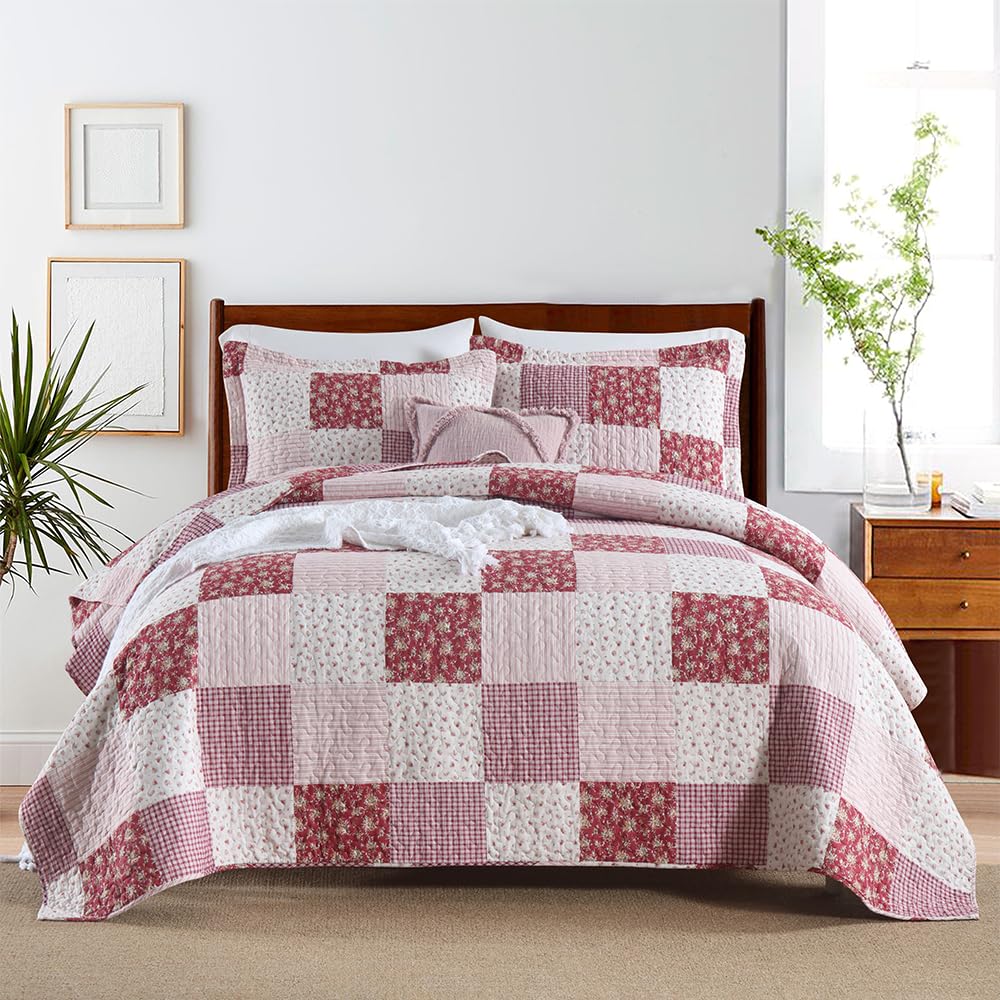 ENASAL Cotton Bedspread Quilt Bedding Sets Reversible Coverlet Sets Comforters Plaid Floral Red White Patchwork Pattern Bedspread for All Season, Queen Size