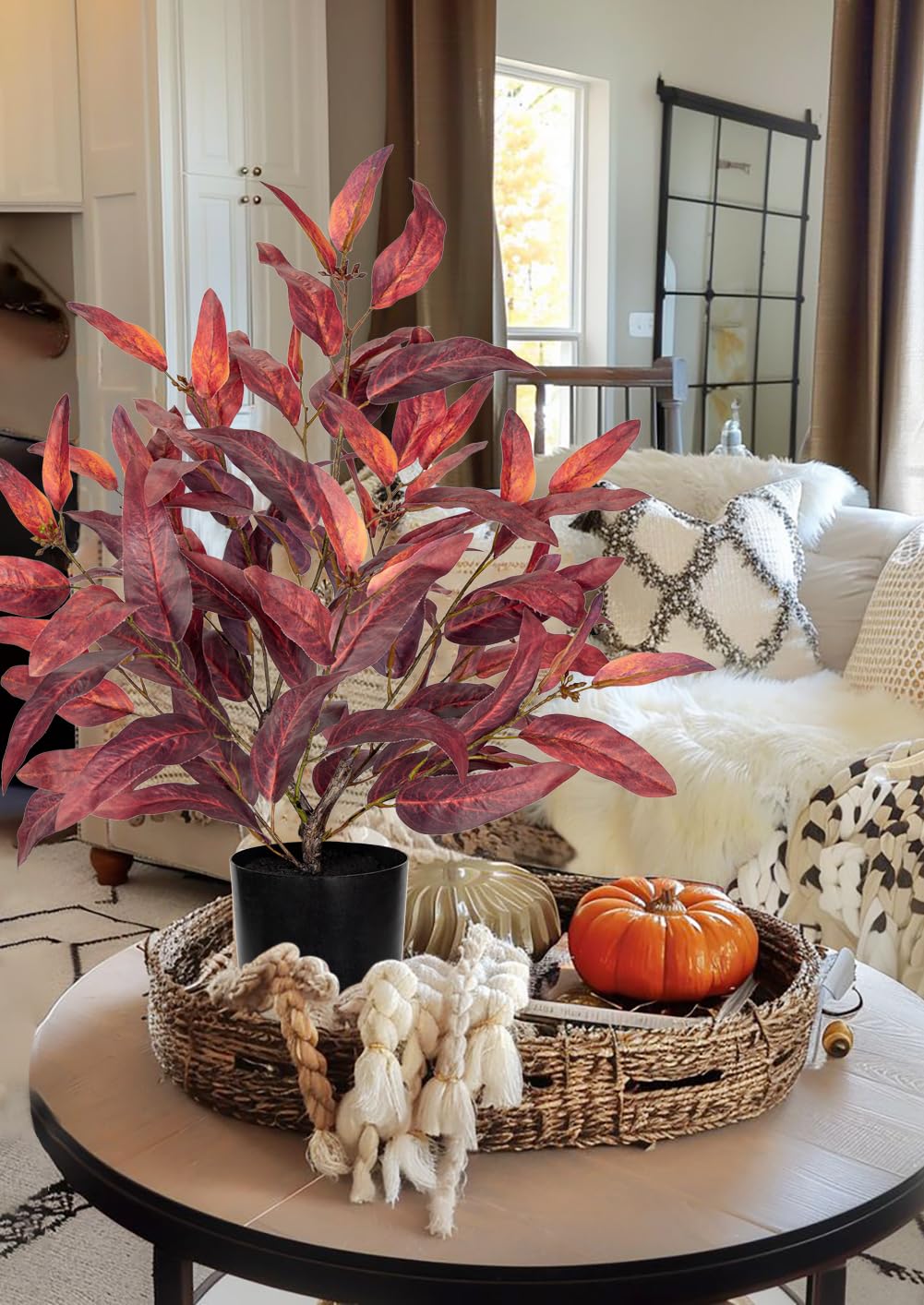 Briful Artificial Plant Farmhouse Table Decor, Burgundy Eucalyptus Plant Home Indoor Decor, Fake Plants for Office Coffee Living Room Decorations