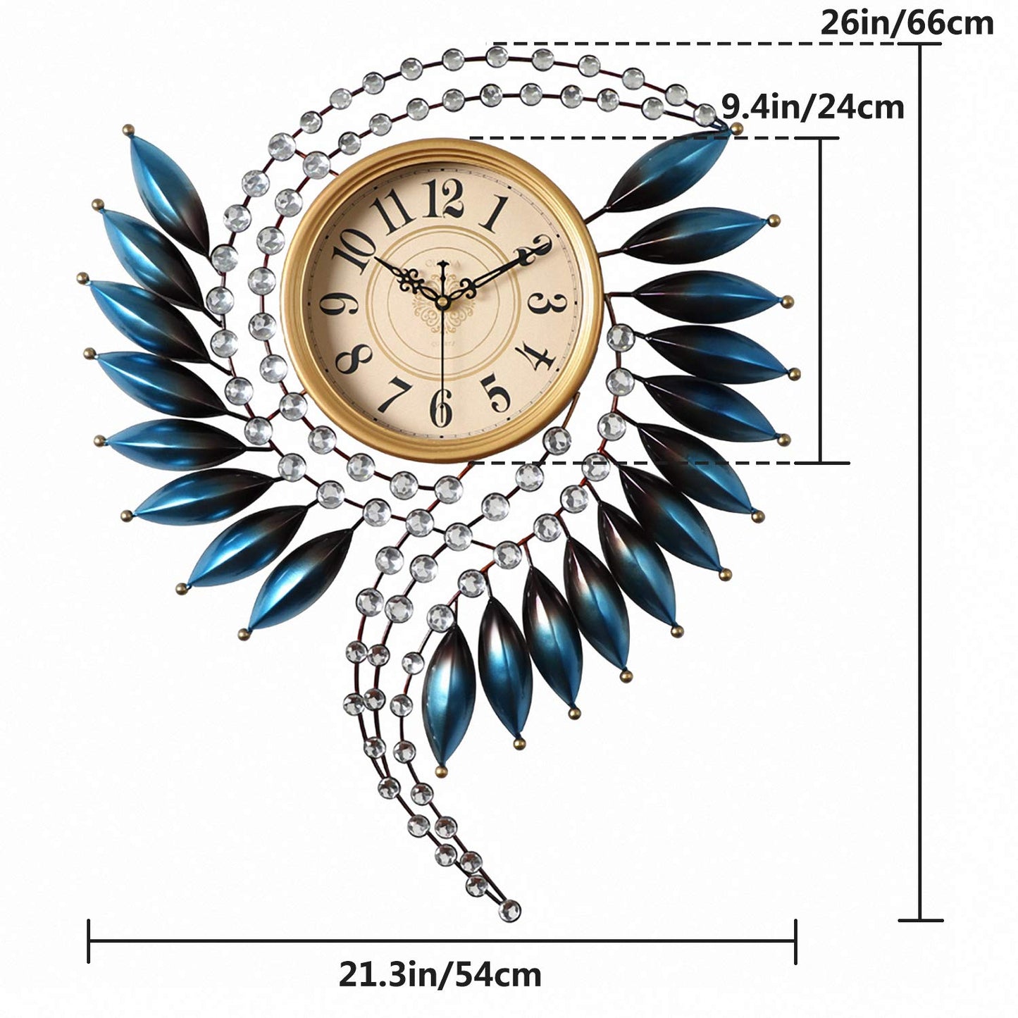 Crystal Metal Wall Clock Silent Non Ticking - 26"×21" Quality Quartz Battery Operated, Decorative for Kitchen, Living Room, Bedroom, Bathroom, Bedroom, Office