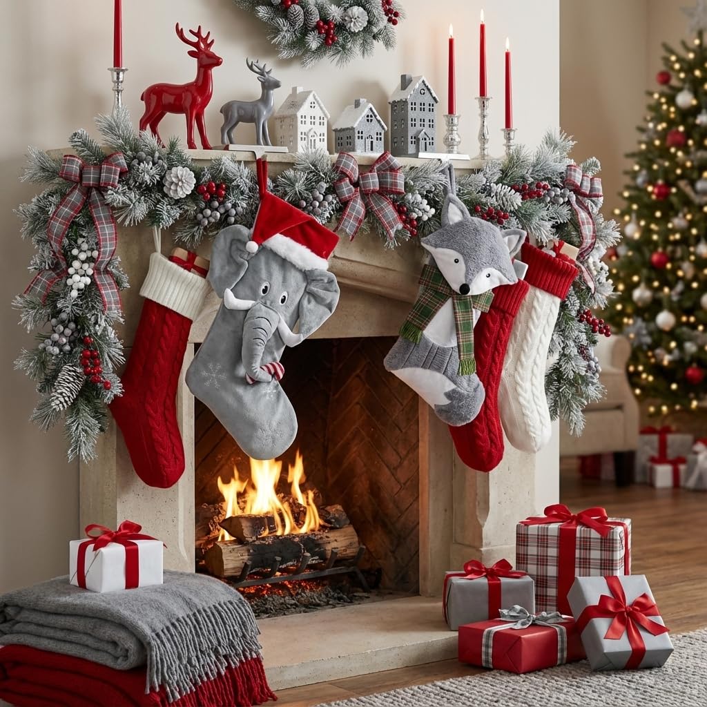 Valery Madelyn Christmas Stockings Decorations, 21 Inch Fabric Fox Silver Exquisite Plush Personalized Fireplace Pet Hanging Ornament for Holiday Xmas Party Decor