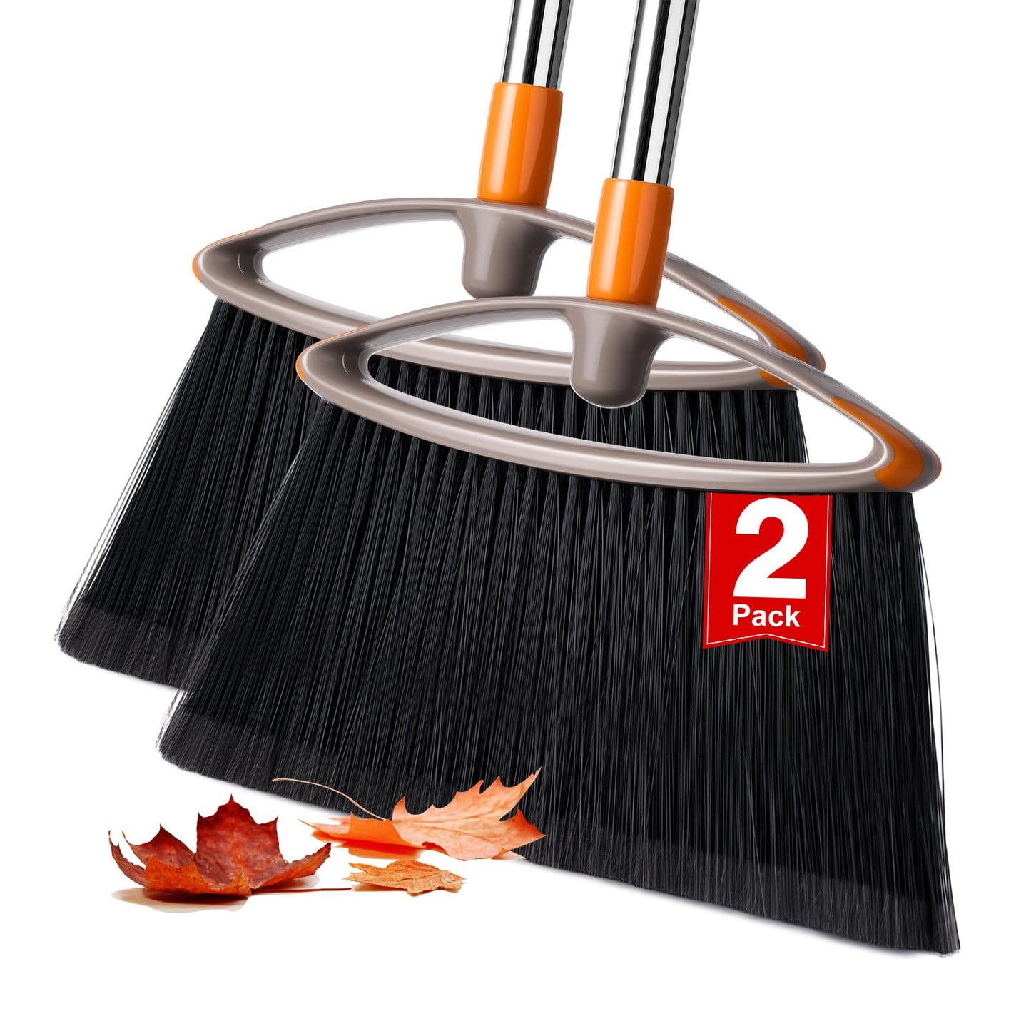 Napalona 2 Pack Soft Bristle Broom for Pet Hair, Heavy Duty Collapsible Sweeping Broom for Indoor Hardwood Floors, Outdoor Deck, Kitchen, Patio, Stainless Steel Handle, Gray