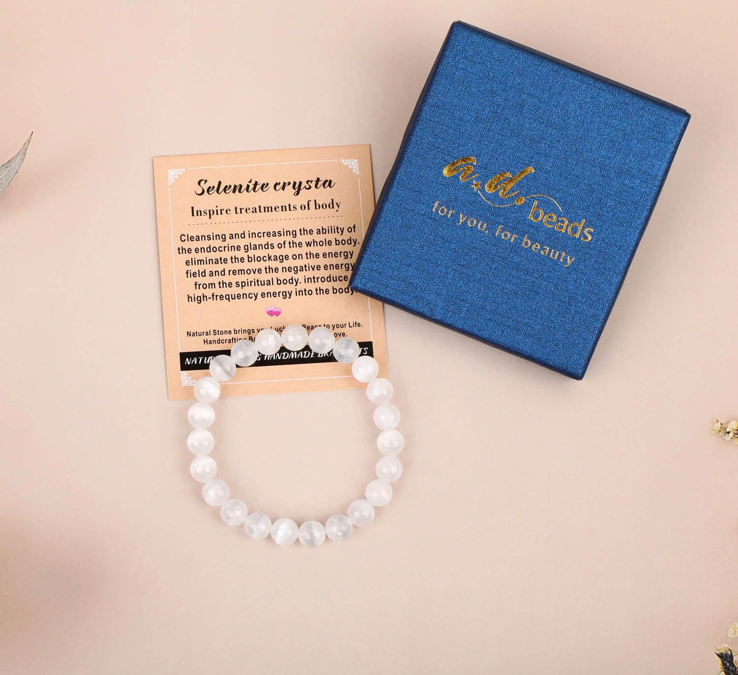AD Beads Handmade Gemstone Stretch Elastic Bracelet Crystal Healing Reiki Nature's Beauty and Spiritual Essence Unisex (10mm, Selenite Crystal (Inspire Treatments))