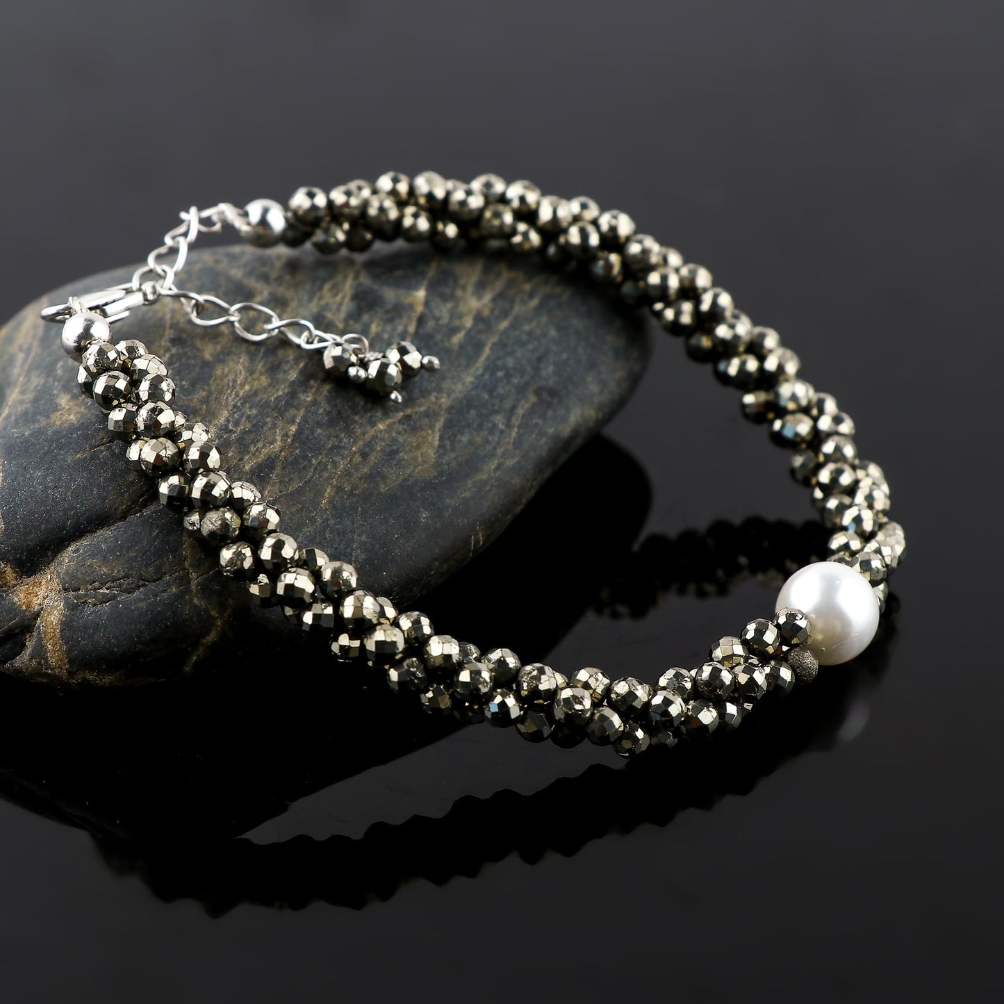 CRYSTALIS Natural Pyrite Beads Twisted Rope Bracelet with Elegant Pearl, High Grade Gemstones, Chakra Healing Stones, Gift Giving Womens Jewelry, 925 Sterling Silver Bracelet 8 inch