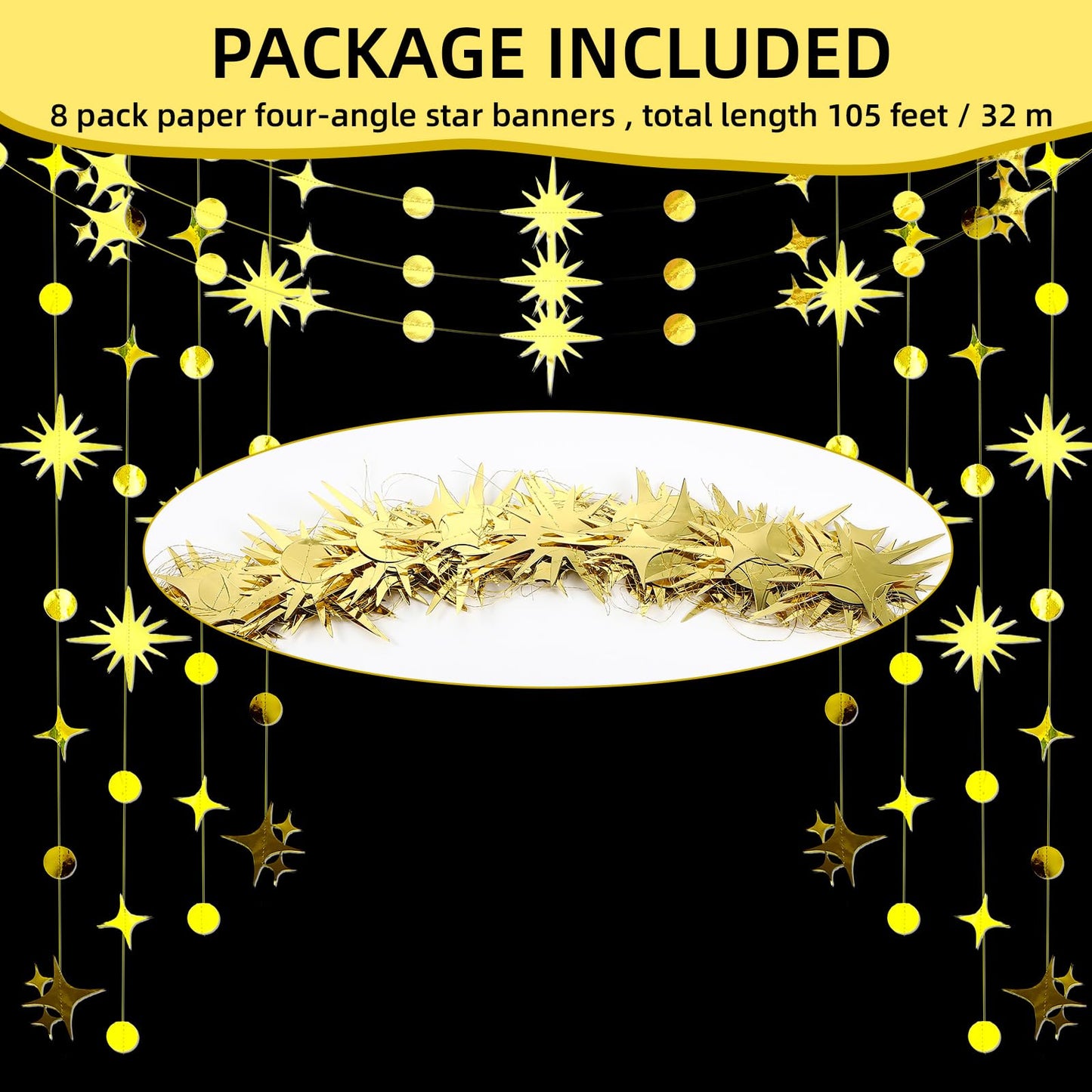 Affrolling 105 Feet Glitter Gold Four-Angle Star and Circle Dot Paper Garland Banner Decor Twinkle Hanging Bunting Banner Backdrop for Birthday Wedding Graduation Disco 2026 Party Decorations