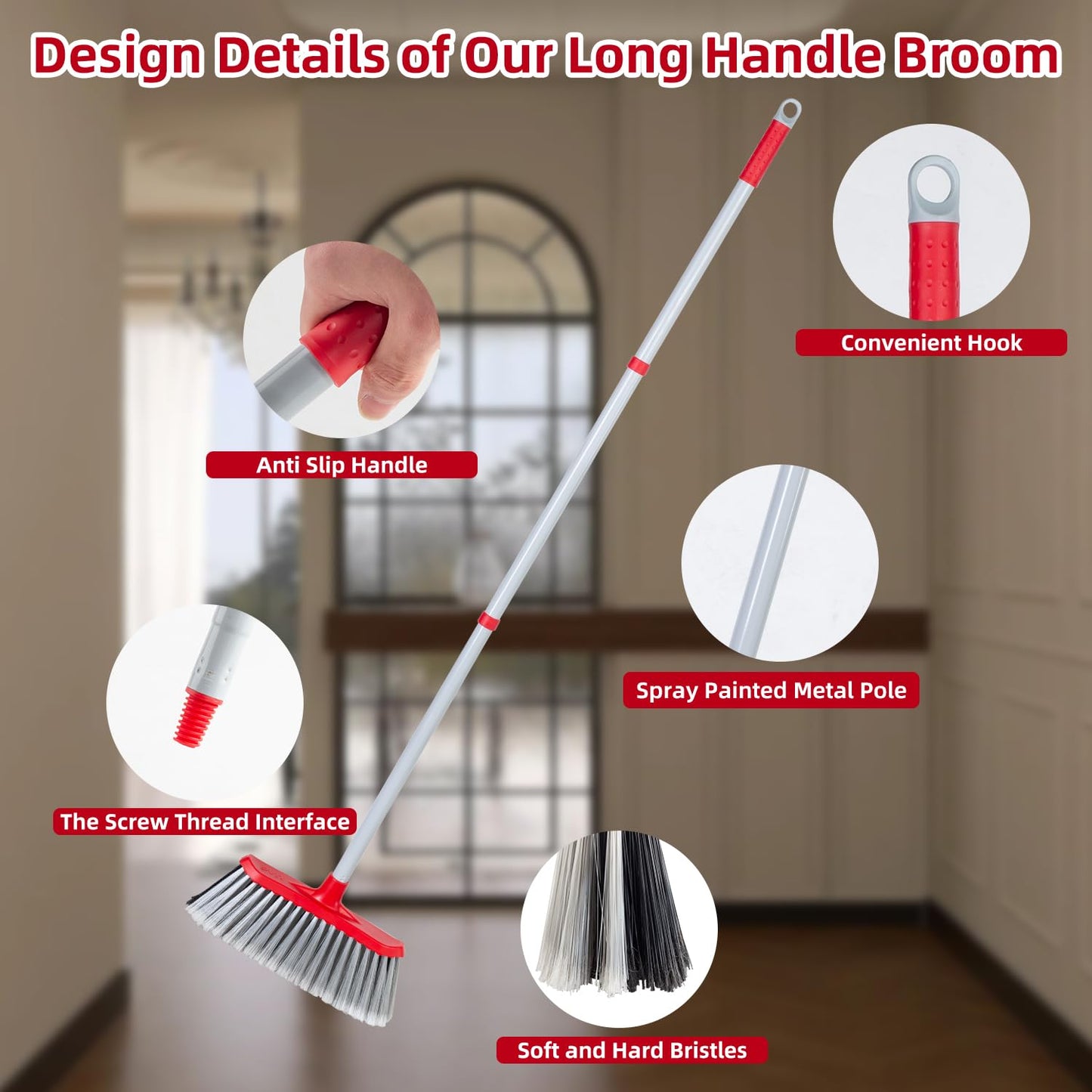 SDSM Indoor Outdoor Broom, Unique Double-Sided Bristles Long Handle Heavy Duty Broom Perfect for Home and Courtyard Garage Lobby Mall Market Floor Home Kitchen Room Office Pet Hair Rubbish 51 Inch
