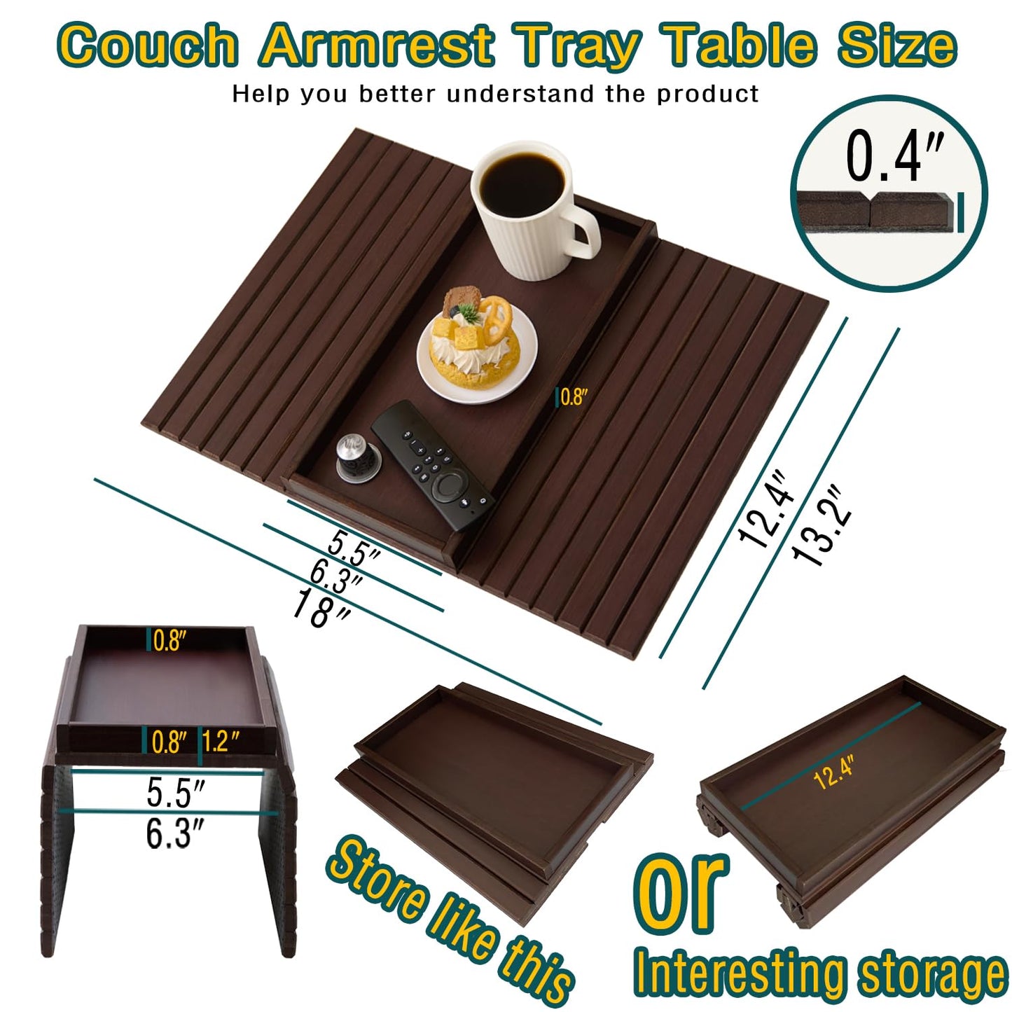 Bamboo Couch Arm Tray Table，Foldable Sofa Armrest Tray Table for Couch，Flexible and Anti-Slip Couch Arm Cup Holder，Portable Sofa Arm Chair Table for Drink,Cups, Eats，Snacks, Phone, Remote