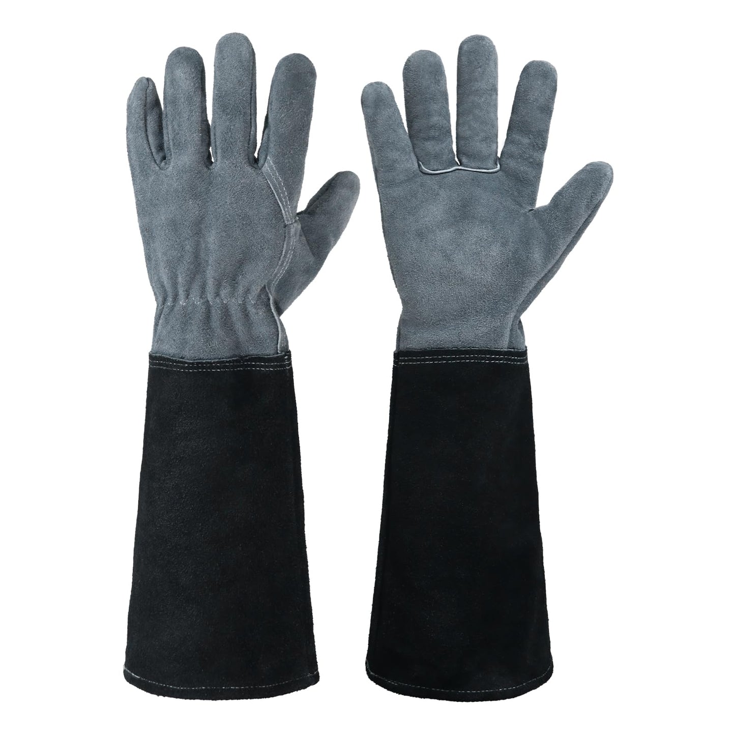 HANDLANDY Long Gardening Gloves for Men & Women, Cowhide Leather Rose Pruning Gloves, Breathable Thorn Proof Gauntlet Glove (Slate Gray, L)