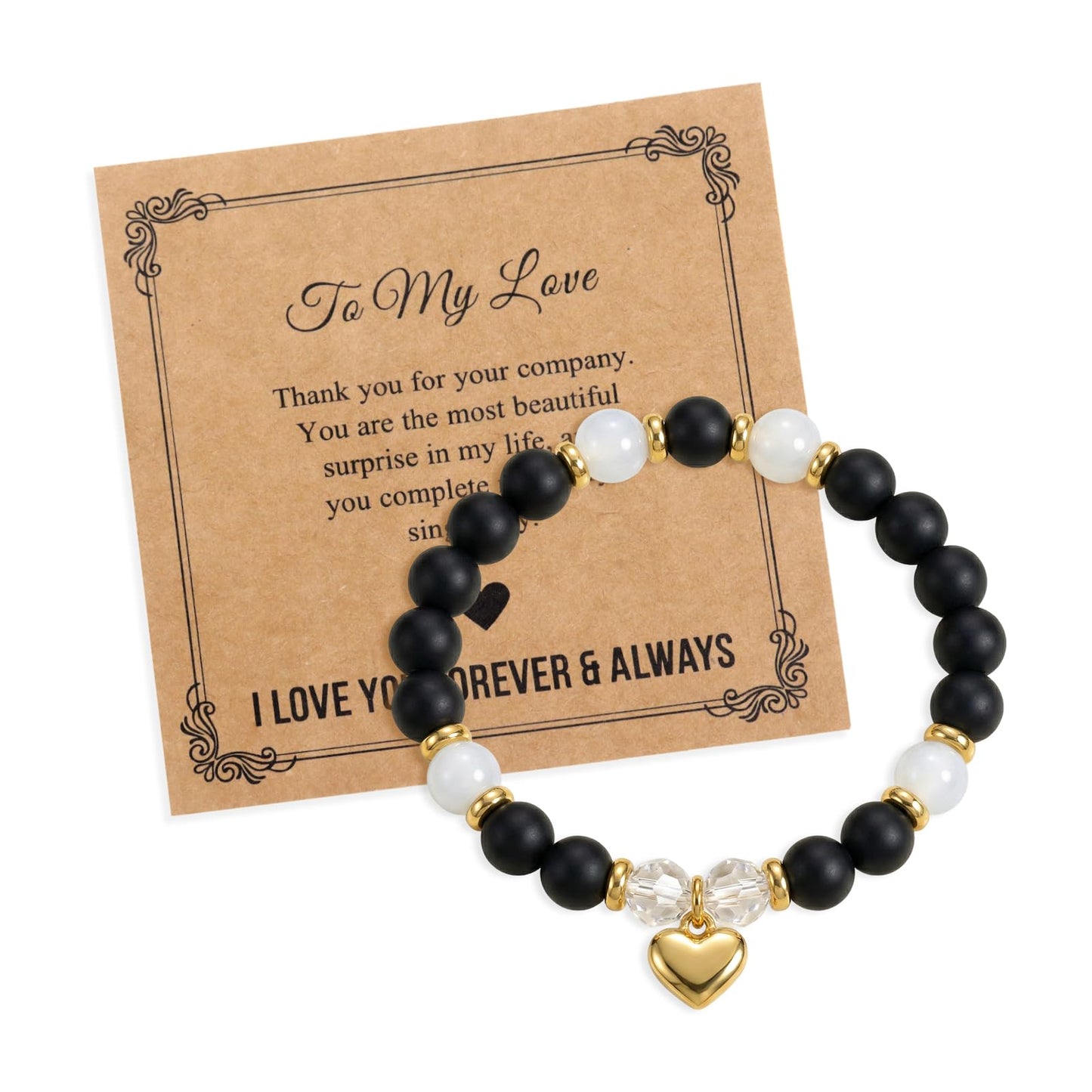 Tyebiva Gift for Love Gold Heart Black Agate Natural Stone Bead Bracelets for Women，Dainty Handmade Lucky Healing Crystal Beads Charm Inspirational Bracelet Friendship Anniversary Fashion Accessories Jewelry