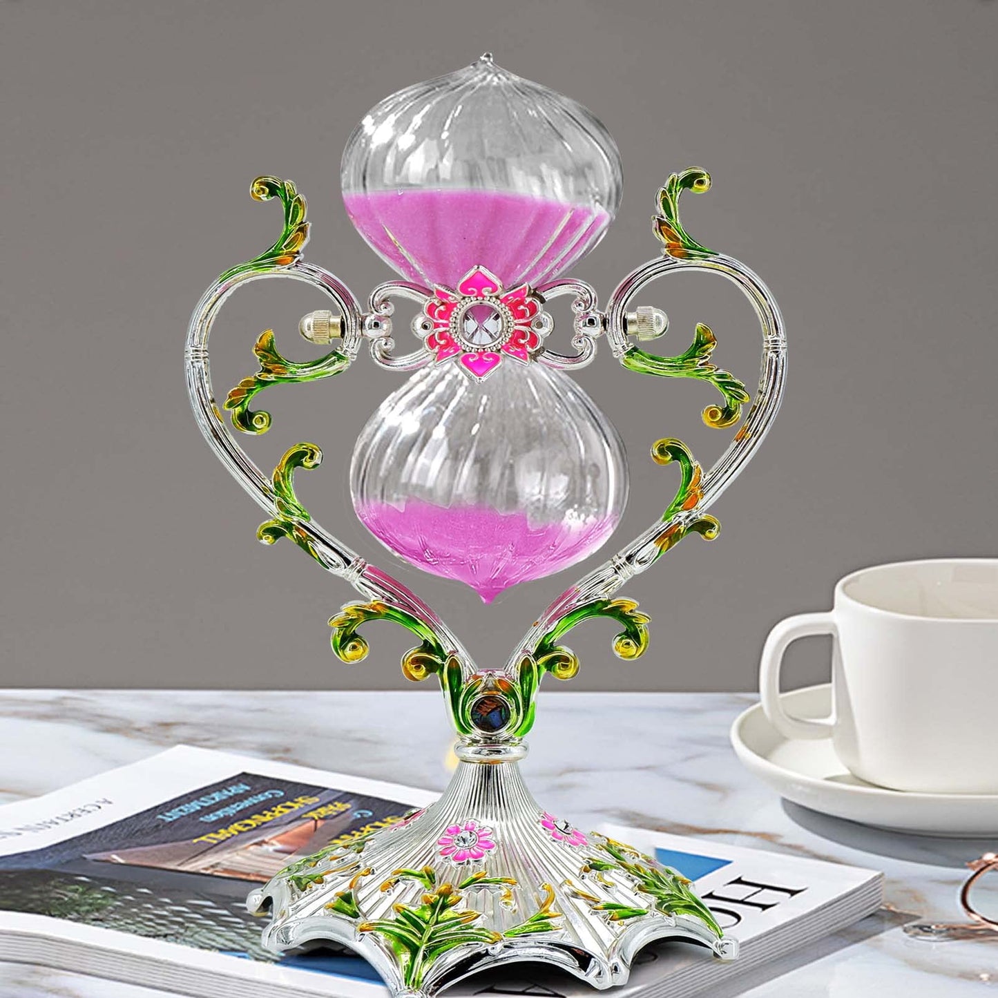 Hourglass Sand Timer Decorative,360° Rotating Metal White Sand Watch 30 Min,Antique Hour Glass Decor for Office Desk- Crafts,Ornaments(Pink Sand)