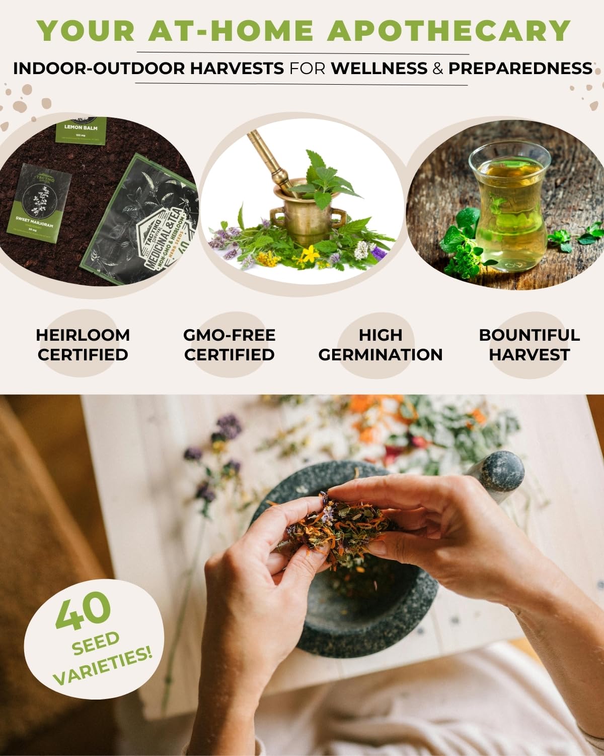 Tactiko Survival 40 Medicinal & Tea Herb Seeds Variety Pack, Indoor & Outdoor Herbal Garden Kit, USA Grown Heirloom Non-GMO, Herbal Seeds for Teas, Resealable Mylar Bag for Long-Term Storage