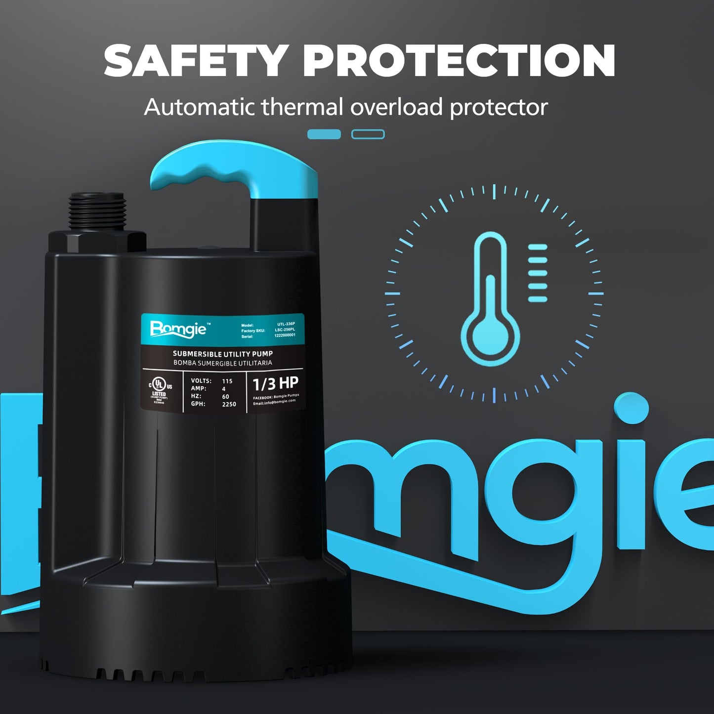 BOMGIE 1/3 HP Submersible Water Pump, 2250GPH Thermoplastic Sump Pump Basement Portable Electric Utility Water Pump Removal for Pool Draining Basement Hot Tubs Garden Pool Cover Pond
