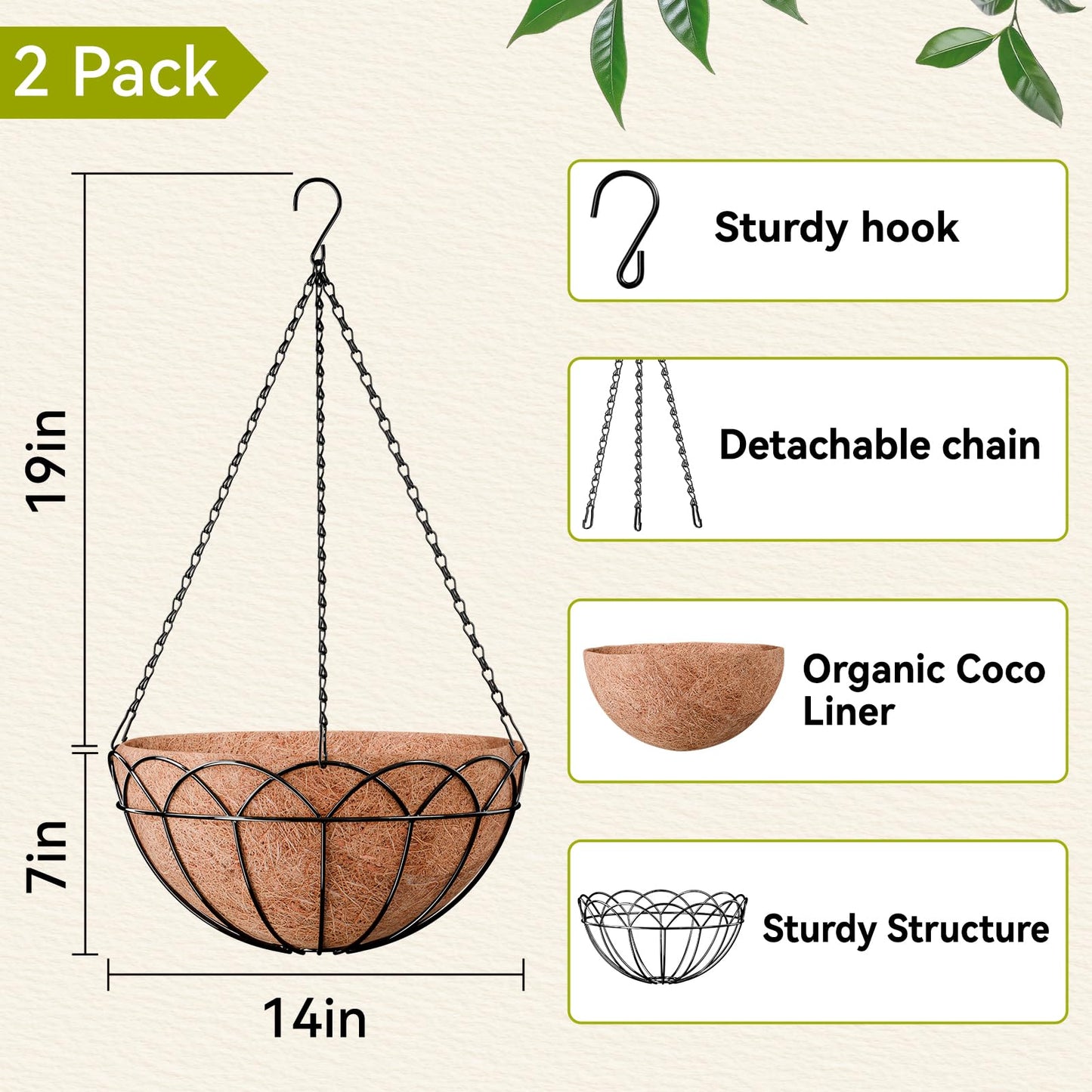 Halatool 2 Pack 14 Inch Hanging Baskets for Plants Outdoor- Small Hanging Garden Planters with Coco Liner for Outside, Empty Metal Wire Flower Holder Hanger Pot for Wall Patio Porch Balcony Decoration
