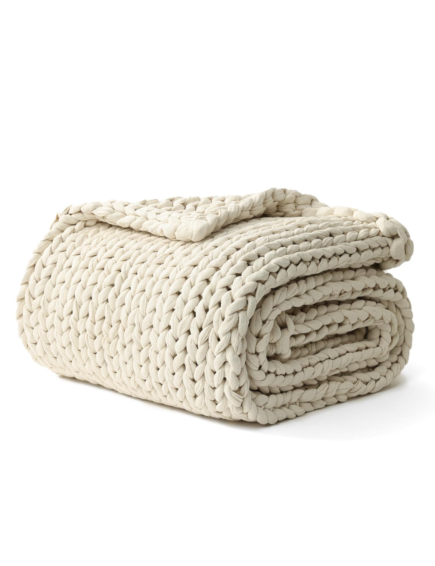 YnM Cotton Weighted Blanket, Handmade Chunky Knitted Design, Soft and Cozy, Temperature Regulating and Breathable, Machine Washable Throw for Sleep or Home Decor (Cream White, 60x80 Inch, 25lbs)
