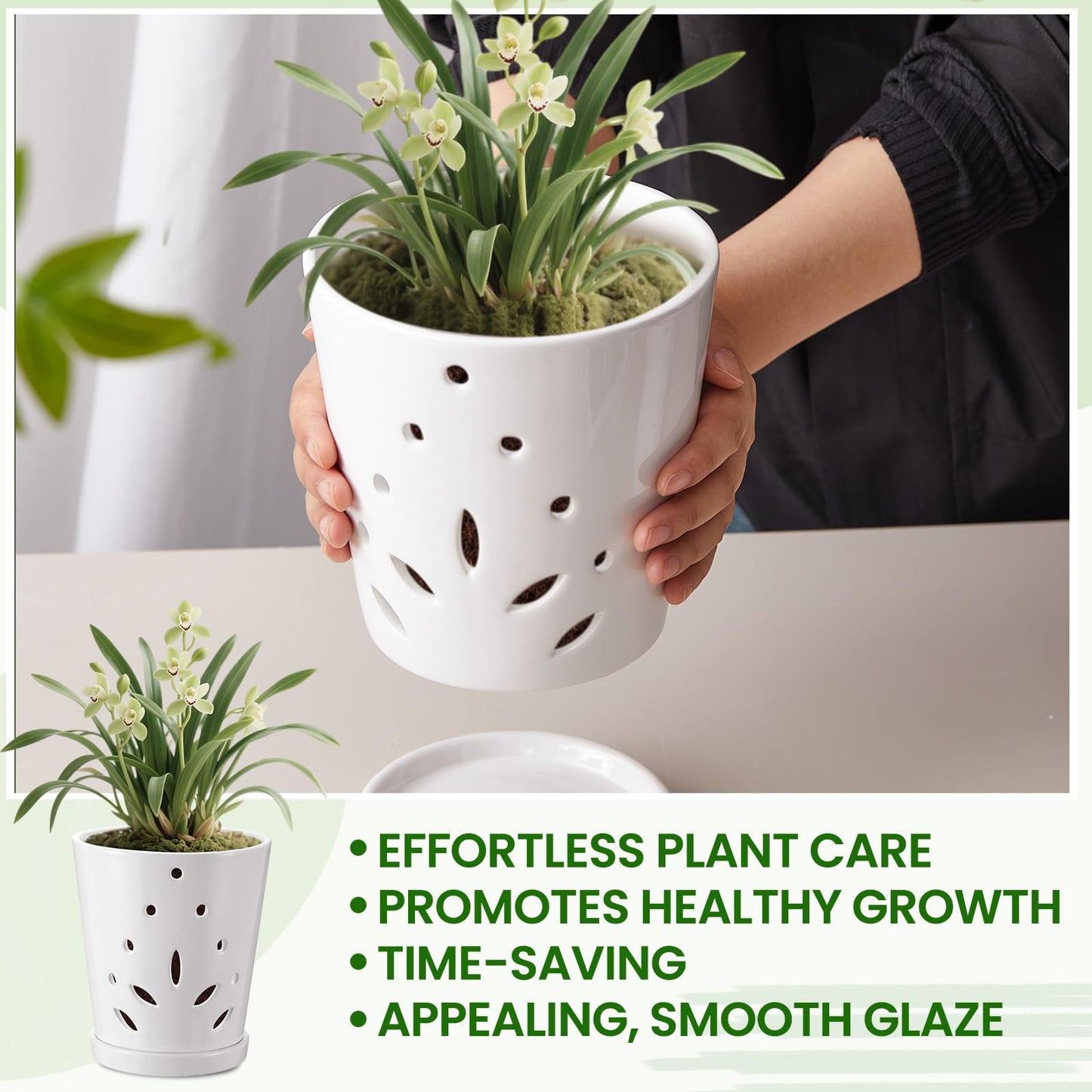 Suclain 2 Pack Orchid Pots with Holes Ceramic Orchid Planters with Drainage Holes and Tray for Root Health Repotting New Plants Air Circulation Indoor/Outdoor Flower Pots(6.5 Inch,White)