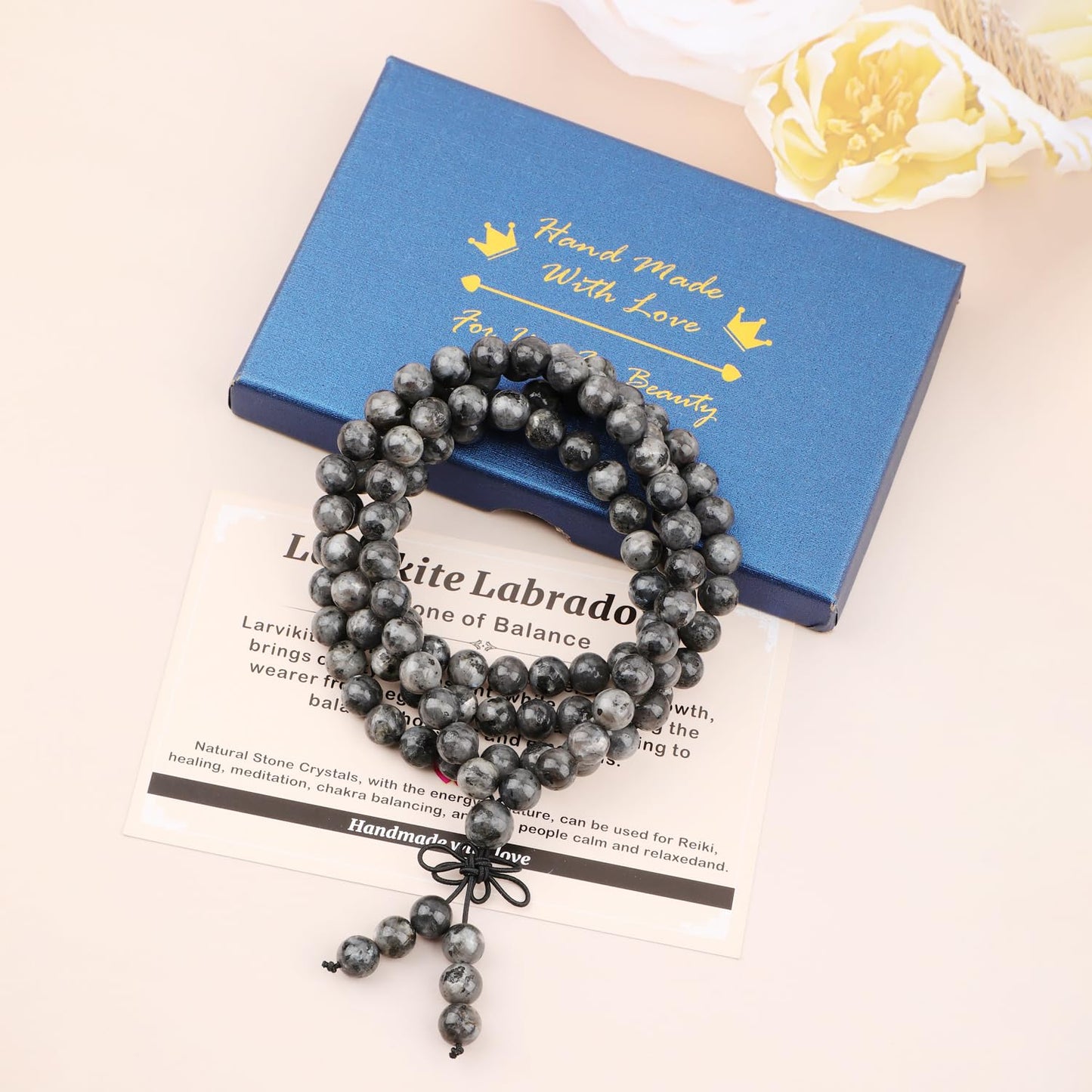AD Beads 8mm 108 Prayer Mala Larvikite Labradorite Elastic Bracelet - Balance - Handmade Yoga Meditation Healing Power Energy Gifts for Unisex Adult.