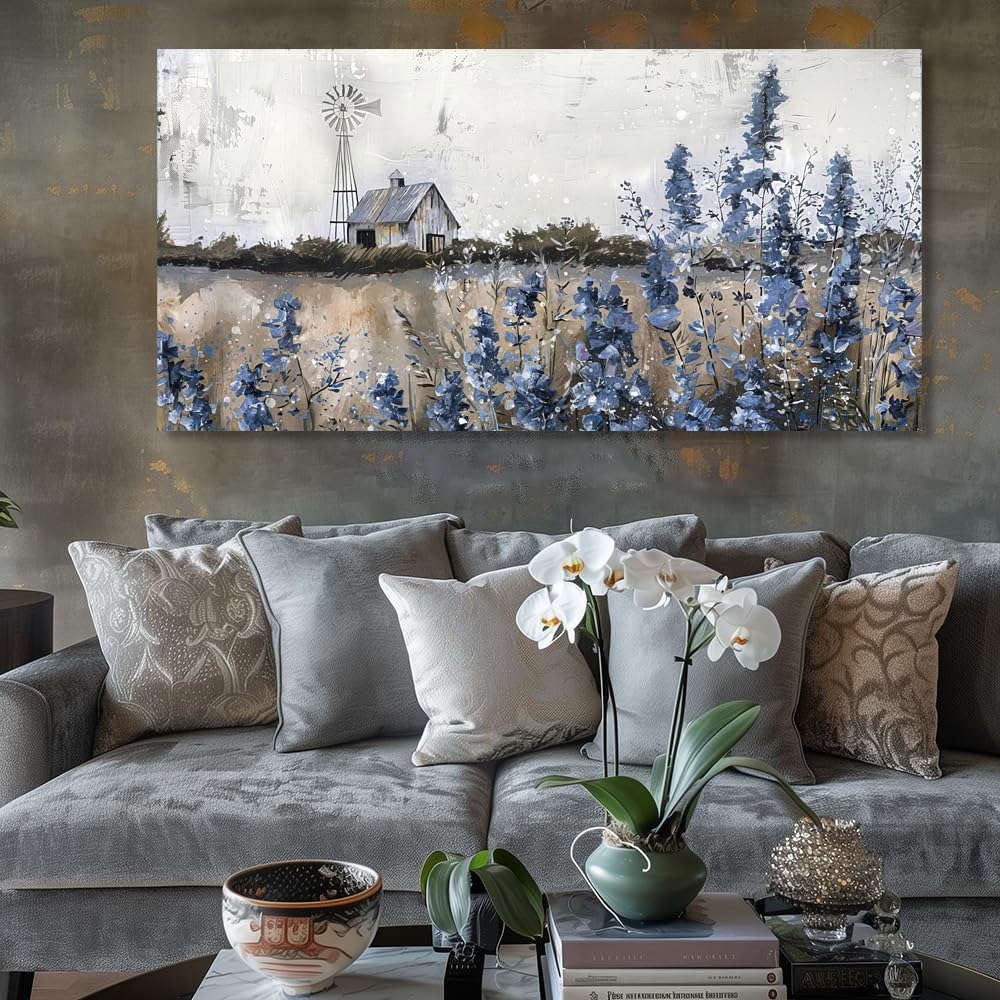 Wall Art Vintage Farmhouse Canvas Print Retro Countryside Flower Field Nature Meadow Landscape Rustic Windmill Barn Picture Framed Artwork for Home Bedroom Living Room Black Purple 40x20in