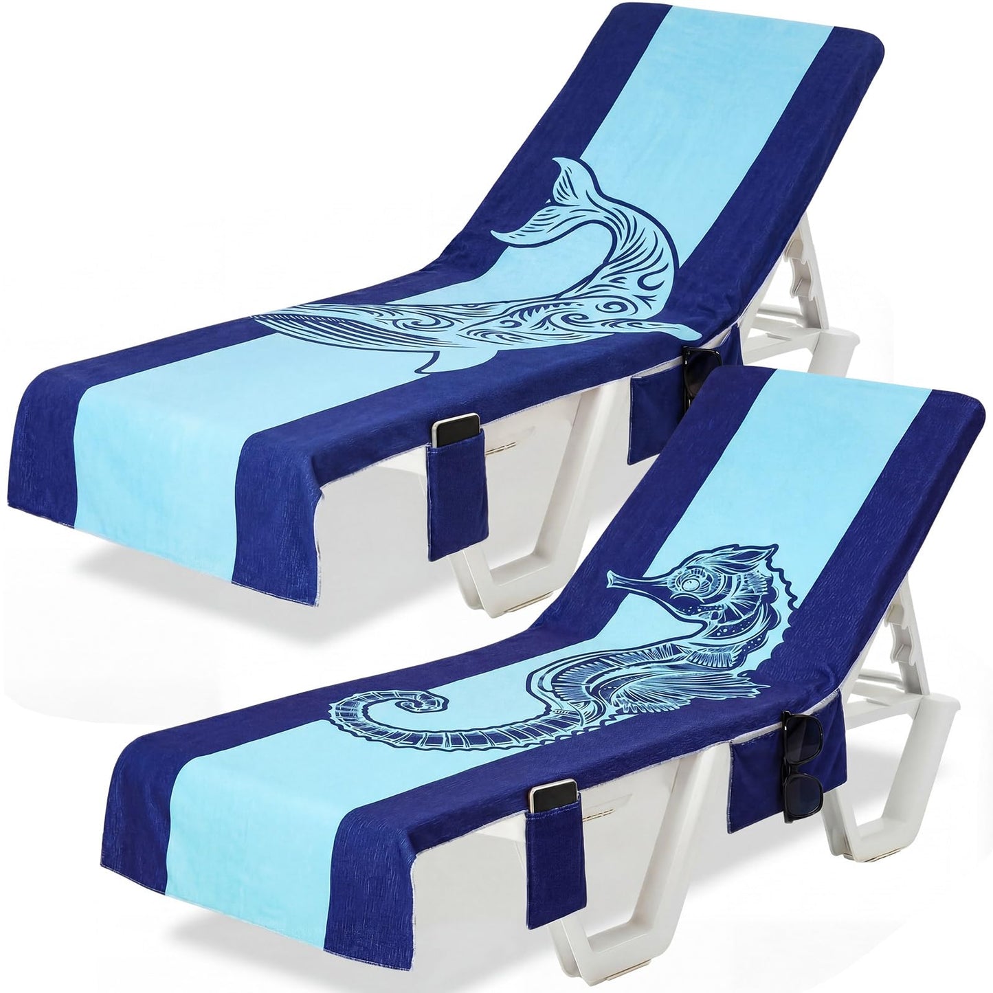 Hillsuren 2 Pcs Pool Lounge Chair Towel Cover with 3 Pockets, 85 x 30 Inch Beach Pool Chair Towels Microfiber Chaise Lounge Covers for Outdoor Summer Sunbathing Beach Garden Lounger(Haima Whale)