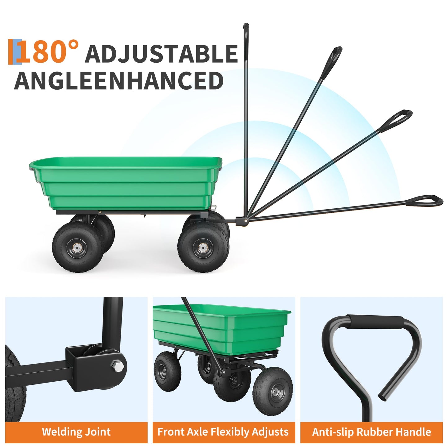 Garden Dump Cart, 6 Cu.Ft. 1200Lbs Garden Cart, Heavy-Duty 4 Wheel Wheelbarrow Yard Cart with 13-Inch All-Terrain Wheels, Features A Quick-Release Tipping Function, for Courtyards, Farm, Gardening