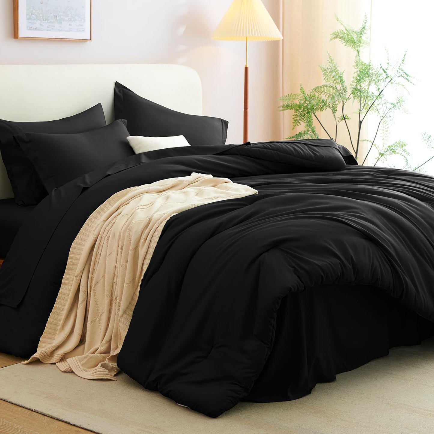CozyLux Queen Comforter Set Black, 7 Pieces Bed in a Bag Soft Bedding Comforter Set with Sheets, All Season Boho 7PC Bed Sets with Comforter, Fitted Sheets, Flat Sheets, Pillow Shams and Pillowcases