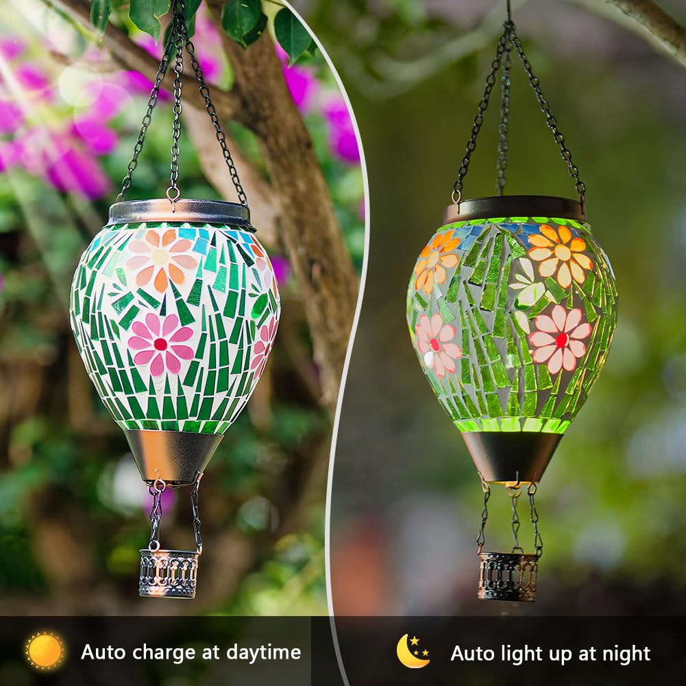 Giole Mosica Hot Air Balloon Solar Lantern, Flower Pattern Glass Hanging Solars Lanterns Outdoor Waterproof Decorative Solar Light for Garden, Yard, Patio Decor