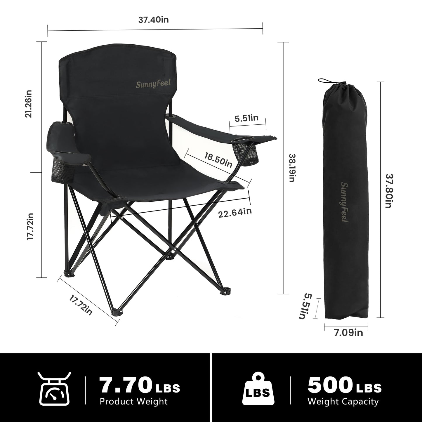 SUNNYFEEL Portable Camping Chair with Side Pockets & Cup Holder 500LBS Capacity Padded Portable Outdoor Chair, Carry Bag Included, Great for Camping, Tailgating, Firepits, Patio, & More Black