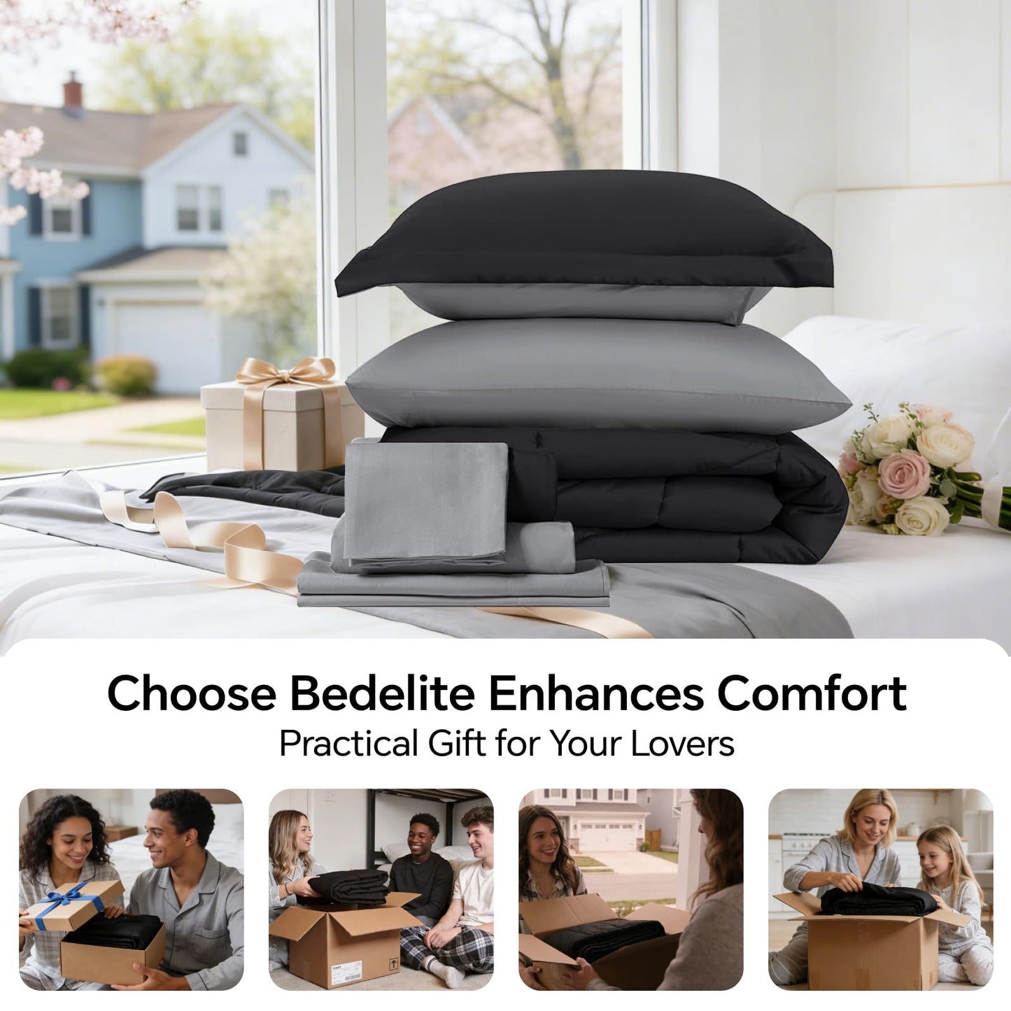 BEDELITE Queen Comforter Set 7 Pieces Bed in A Bag - Soft Microfiber Reversible Black Bed Set with Comforters, Sheets, Pillowcases & Shams, Cozy Luxury Bedding Sets for All Season