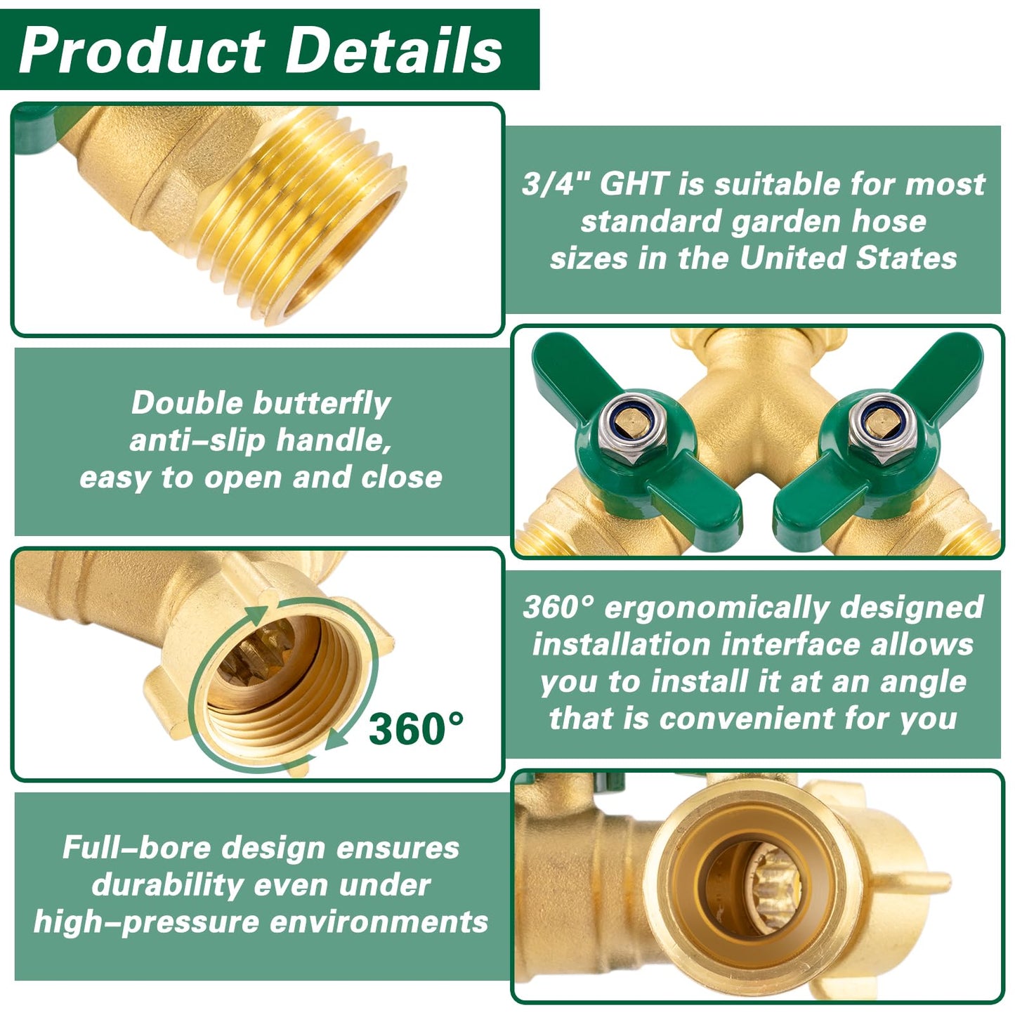Cekwiet Heavy Duty Garden Hose Splitter 2 Way, Brass Full Flow Y Hose Splitter with Thickened Easy-Turn Handle, 3/4" GHT Outdoor Faucet Connector with Shut-Off Valves