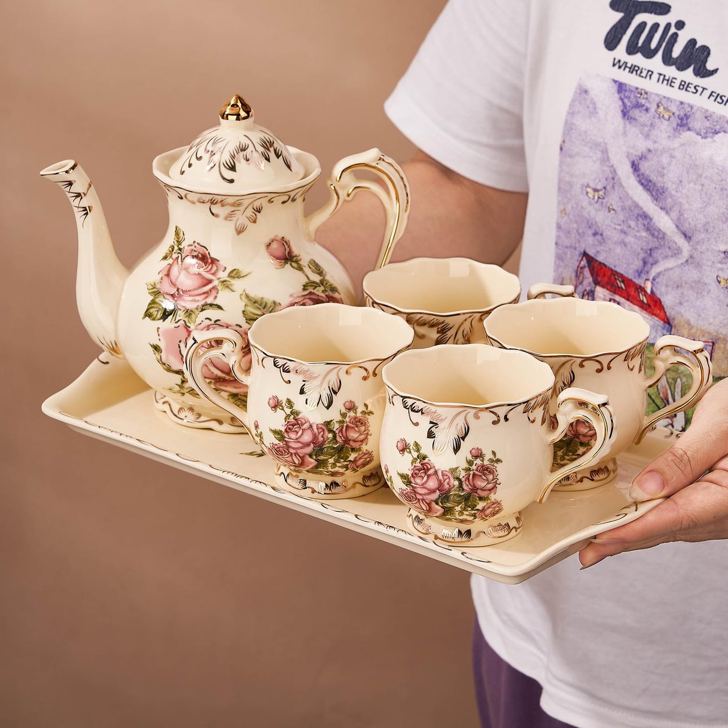 YOLIFE Ceramic Rose Serving Tray, Decorative Platter for Tea Party - 13.5 inch