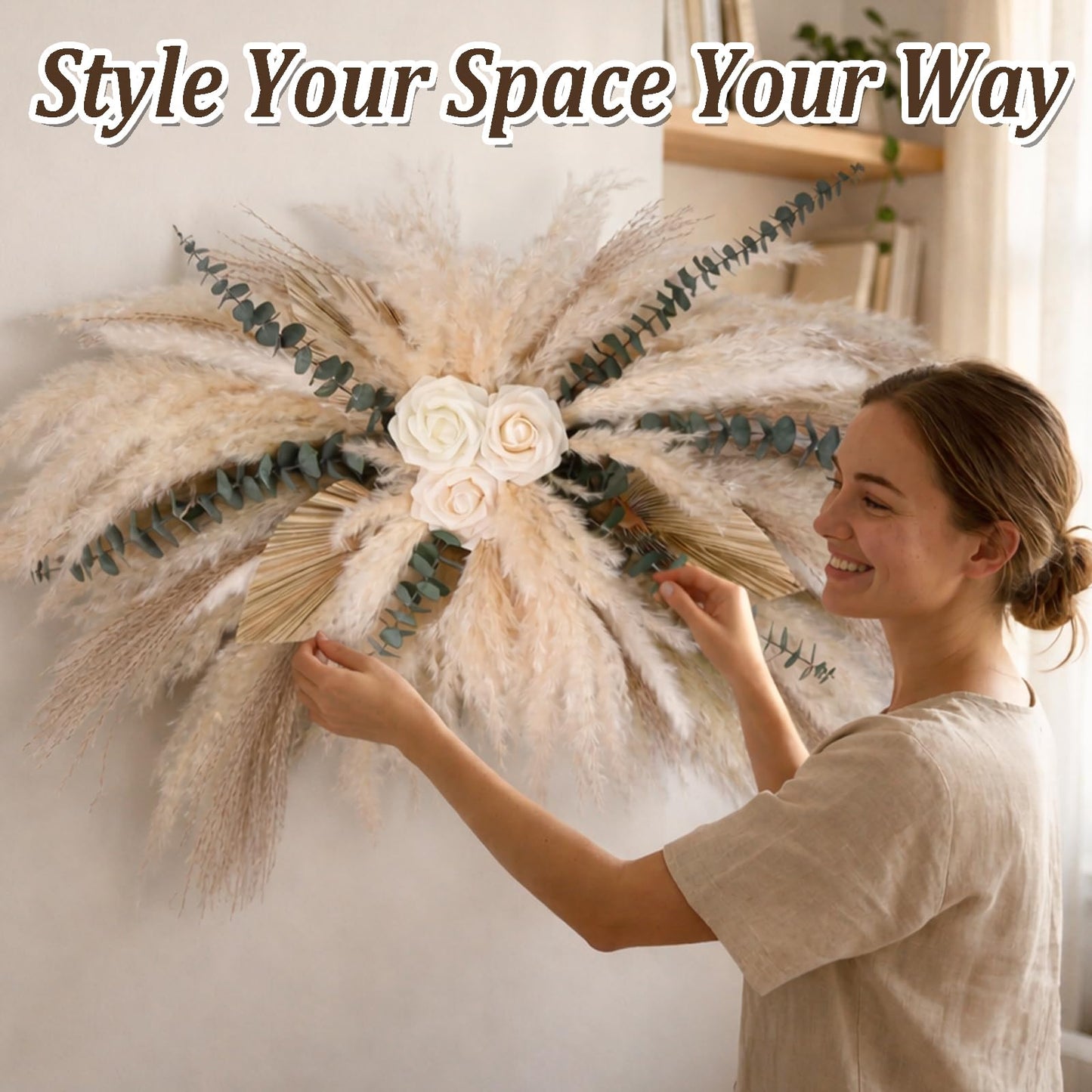 36-38" Large Pampas & Eucalyptus Wall Decor, DIY Artificial Roses & Natural Dried Boho Hanging Flowers for Wall, Mirror, Wedding Arch, Entryway Decor, Gift, Requires Assembly & Easy Install