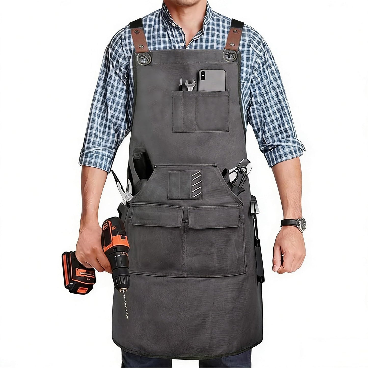 Ziurfys Kitchen Apron Canvas Cross Back Waterproof Oil Repellent Heavy Duty Gardening Apron with Large (Gray 1 pack)