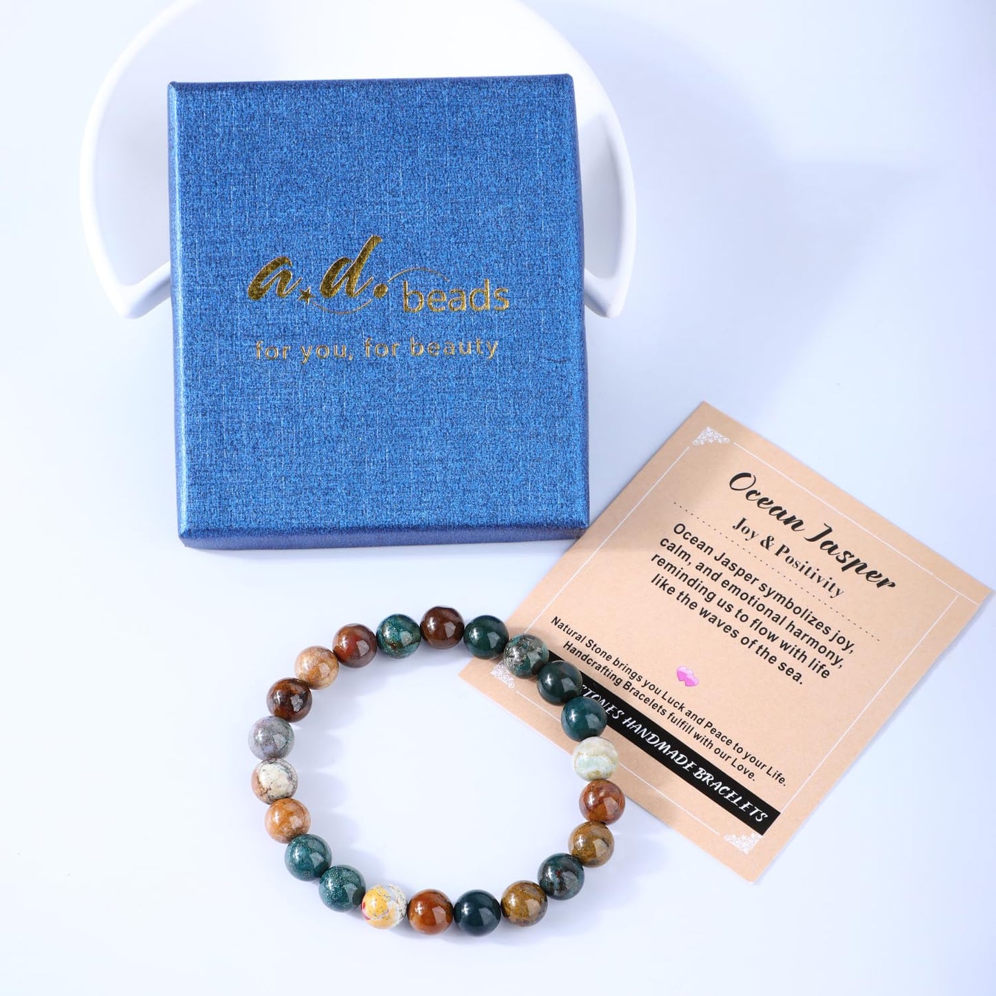 AD Beads 8mm Handmade Ocean Jasper Elastic Bracelet – Natural Gemstone for Joy & Positivity – Meditation, Yoga, Healing and Energy Gift for Men Women
