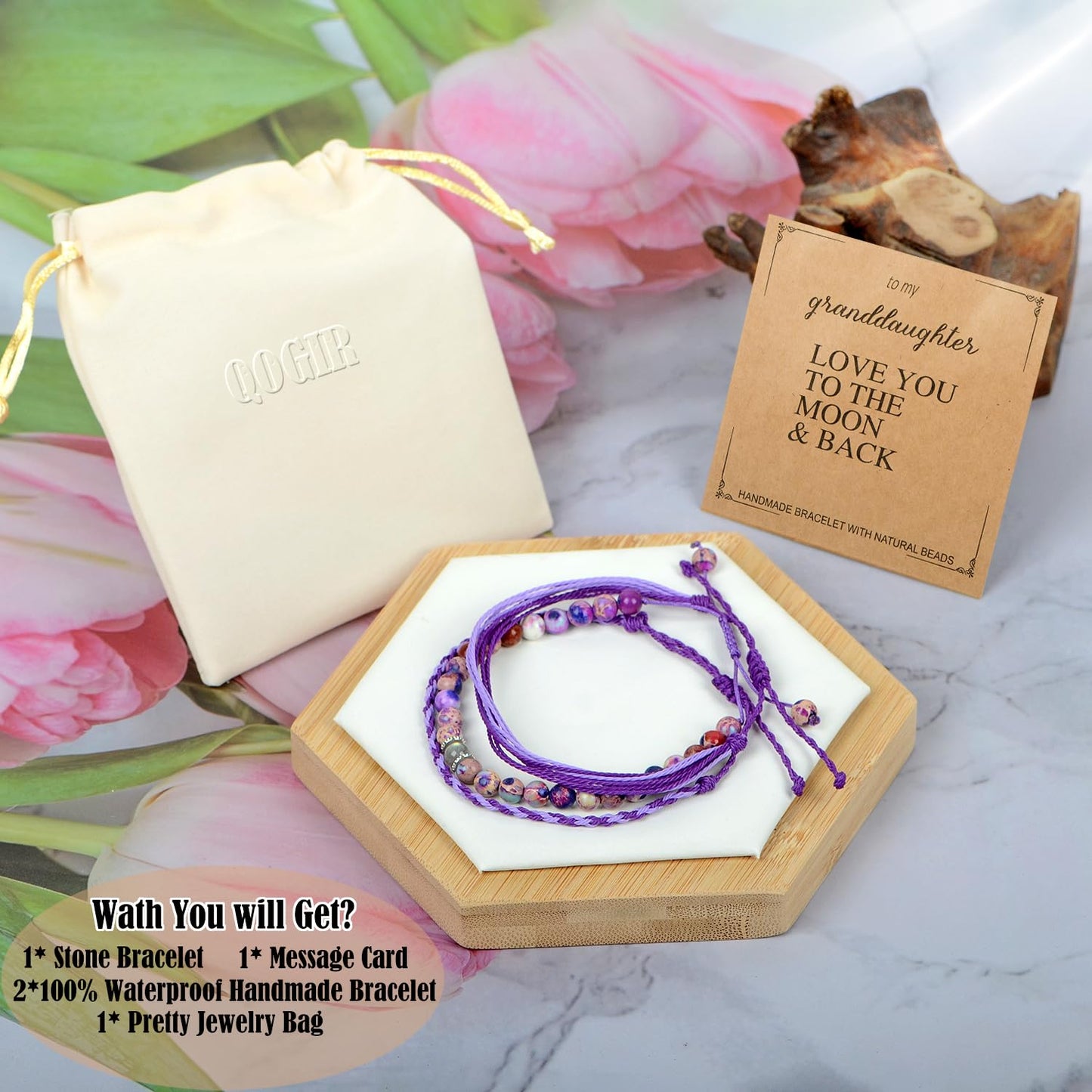 QOGIR Grandaughter Gifs Bracelet,Purple imperial Jasper Adjustable String Bracelet,Birthday Christmas Gifts