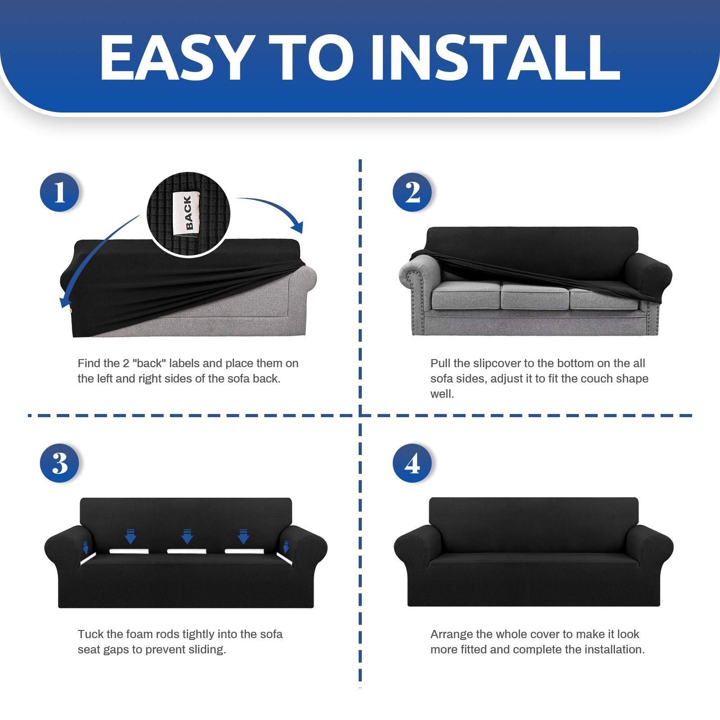 KEKUOU Stretch Sofa Cover Slipcover ，Couch Covers for 3 Cushion Couch Sofa pet Friendly (78"-94") Furniture Protector Sofa with Elastic Bottom for Kids,Dog, Jacquard Small Checked(Large,Black)