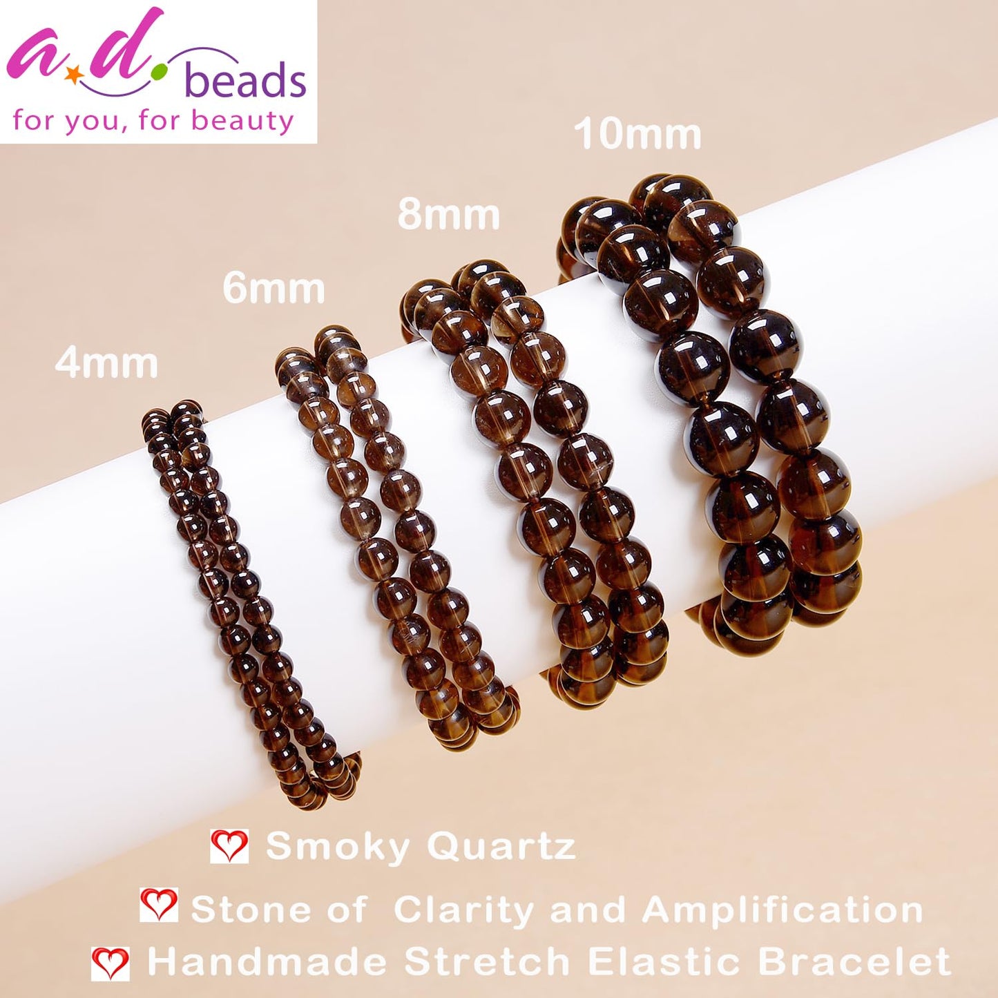 AD Beads Handmade Gemstone Stretch Elastic Bracelet Crystal Healing Reiki Nature's Beauty and Spiritual Essence Unisex (8mm, Smoky Quartz (Clarity and Amplification))