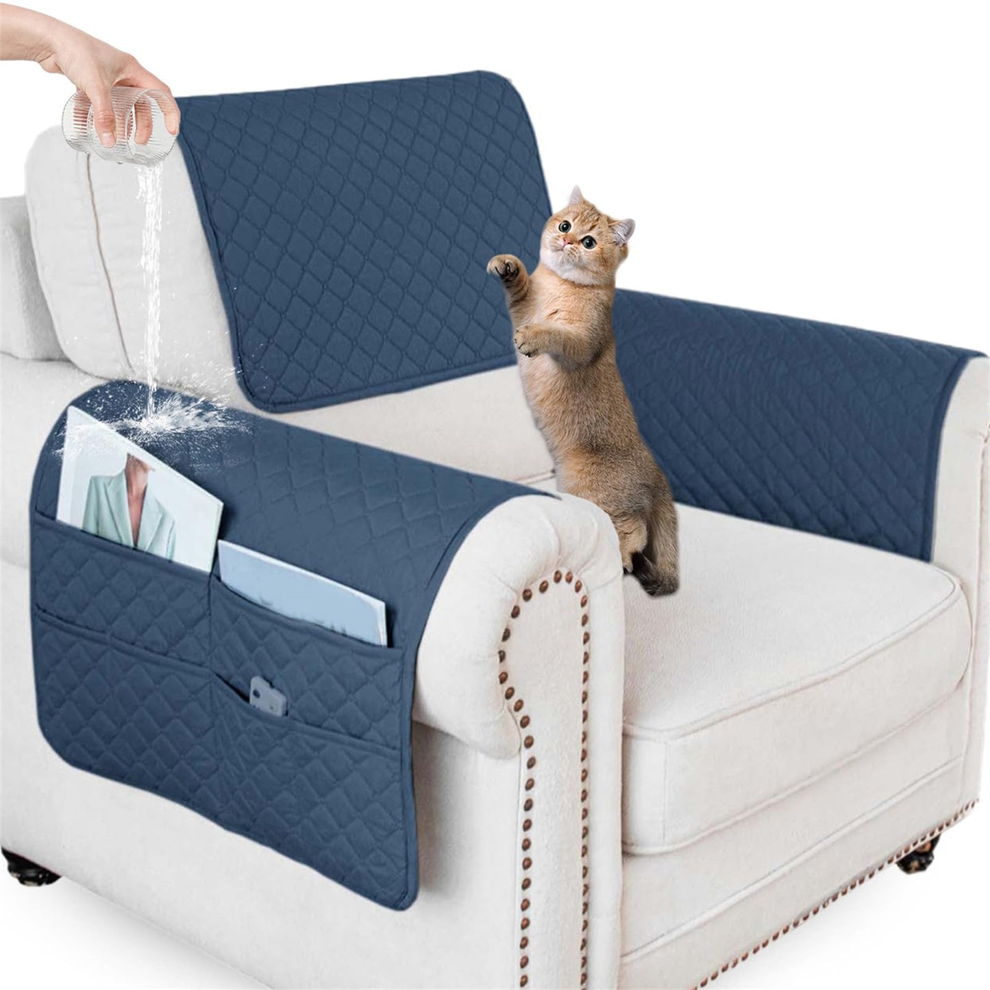 ZGDDPZA Waterproof Sofa Armrest Cover Headrest Cover with Side Pocket Non-Slip Couch Protector for Armchairs, Chairs, and Sofas (Berlin Blue,1 Seater 3PCS)