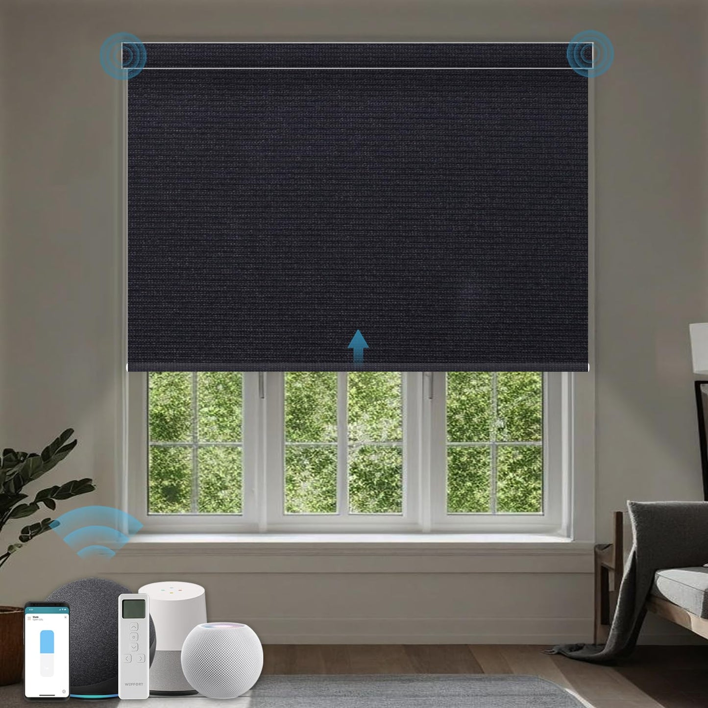 WEFFORT Motorized Roller Shade, 100% Blackout Smart Window Blinds Work with Homekit, Alexa, Google Home, Remote Control, Electric Blinds with USB/Solar Pannel,Dark Eclipse Black