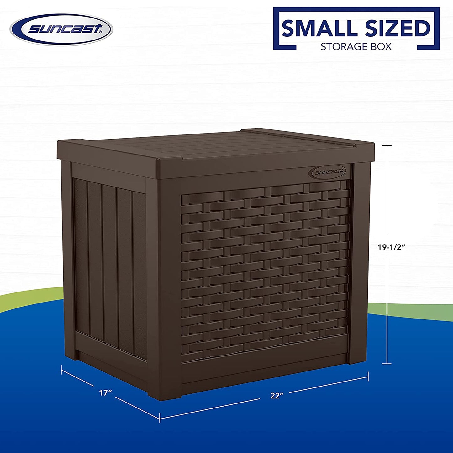 Suncast Small Outdoor Storage Box - 22 Gallon Java Resin Outdoor Deck Box, Flat-Lid Bench Seating, Patio Storage Bin Container for Organizing Tools, Cushions for Porch, Deck, Pool, & Garden