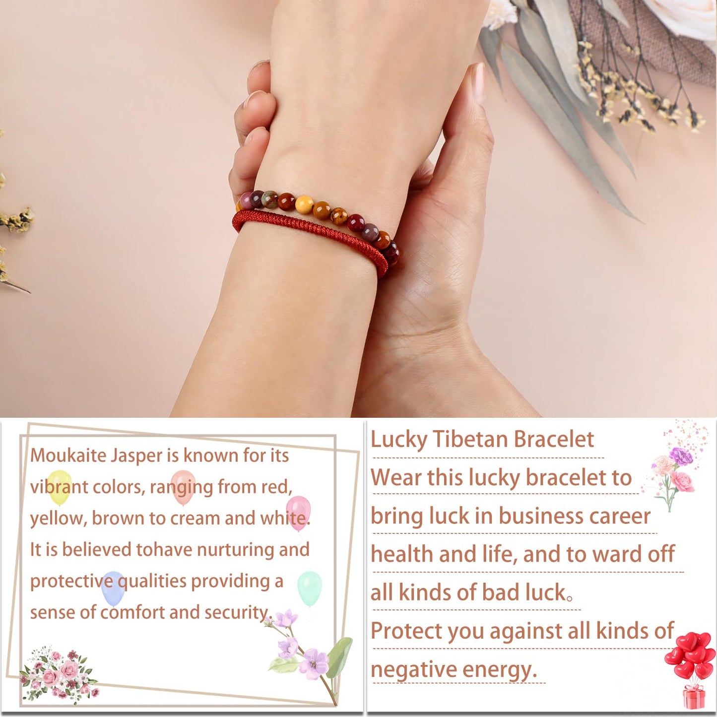 LPBeads 6mm Moukaite Jasper Bracelet with Handmade Rope Bracelet Size Adjustable Natural Stone Crystal Healing Bracelets Gifts for Unisex Adults
