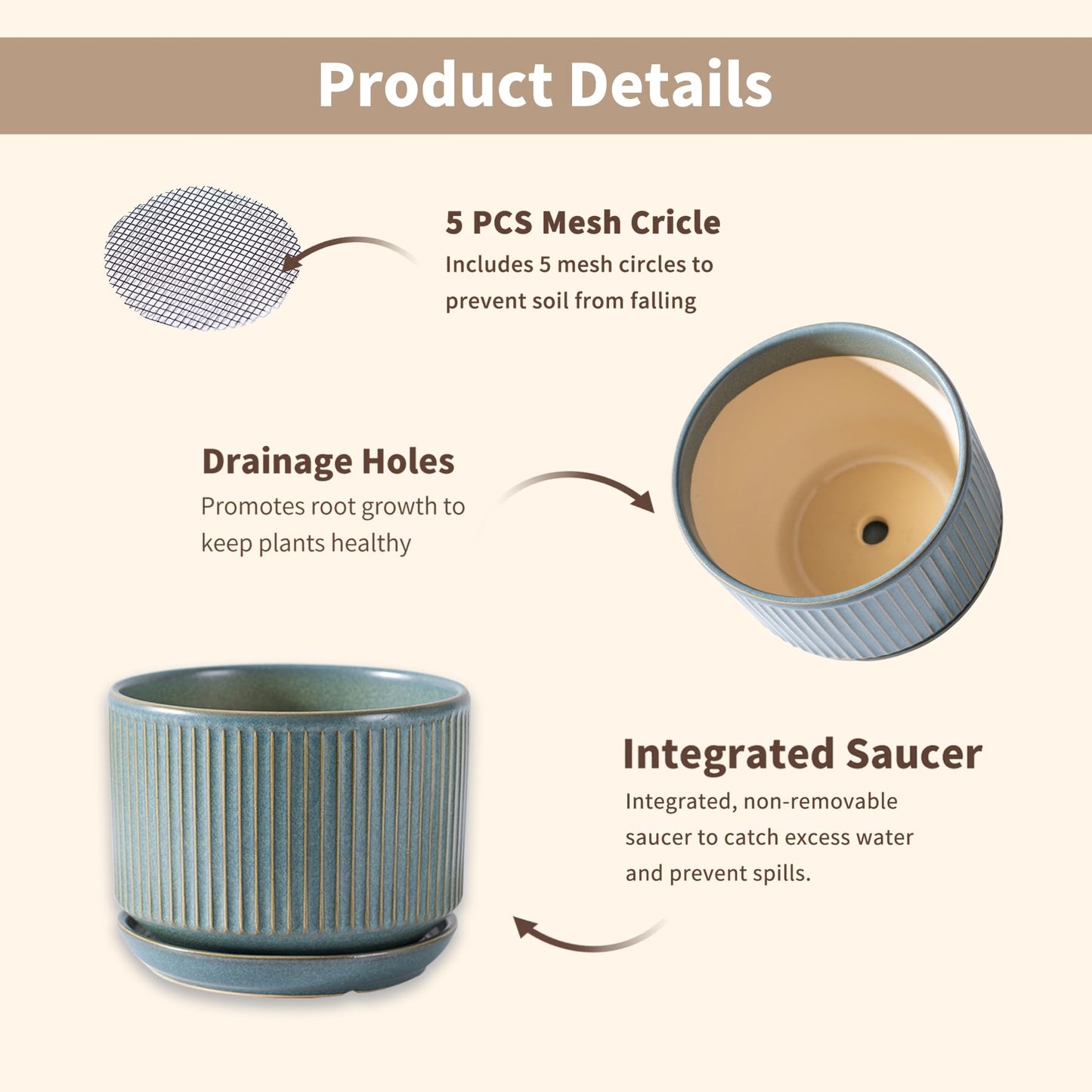 SURE YUESI Green Ceramic Plant Pots Set of 3 (4.3”+5.5”+6.7”), Indoor Striped Planters with Drainage Hole, Mesh Pads, Decorative Pots for Plants & Gardening