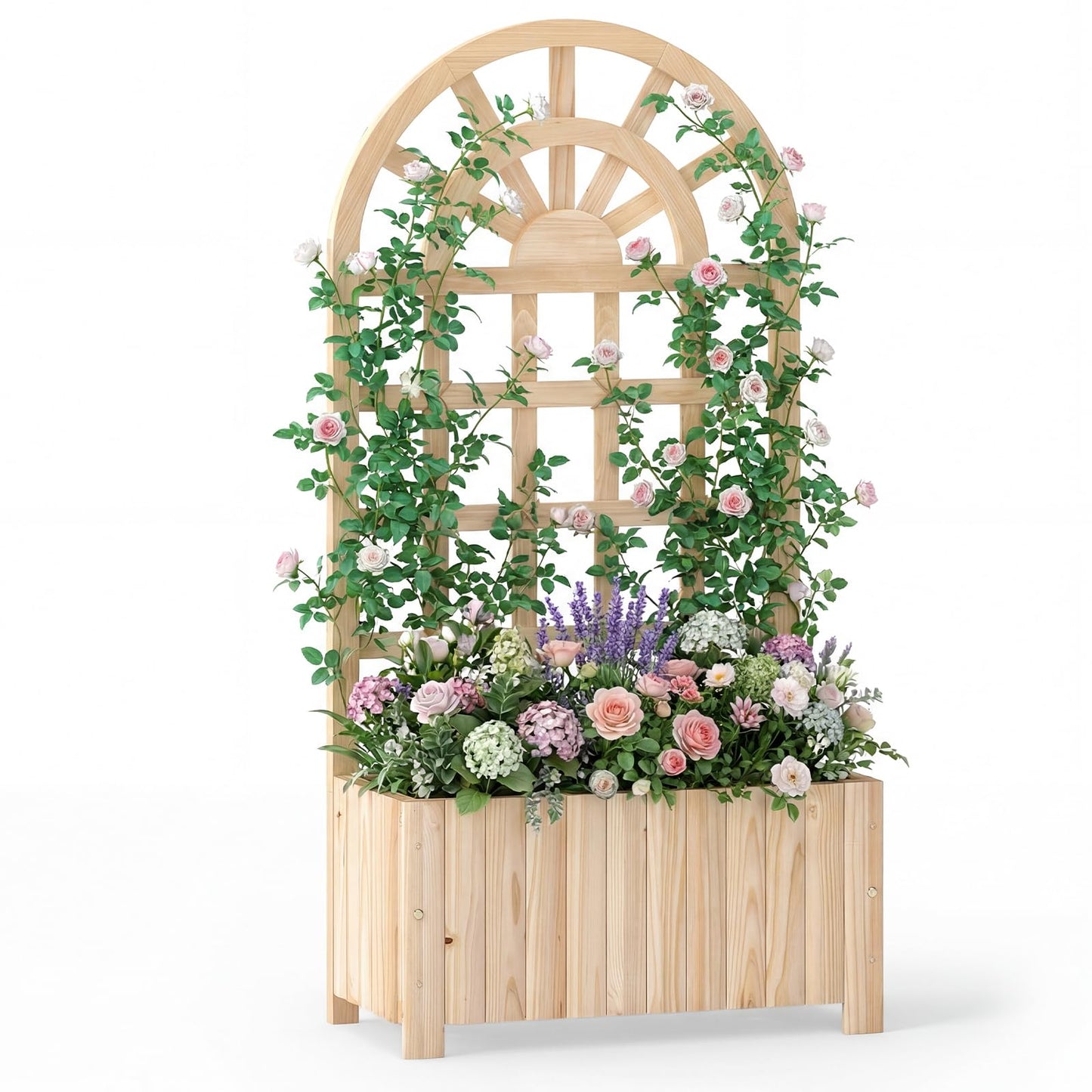 Happygrill Wooden Raised Garden Bed with Trellis, Outdoor Planter Box with Drainage Holes, Privacy Screen, Natural Fir Wood Elevated Garden Bed for Climbing Plants Flowers (1, Natural, 24''x12''x48'')