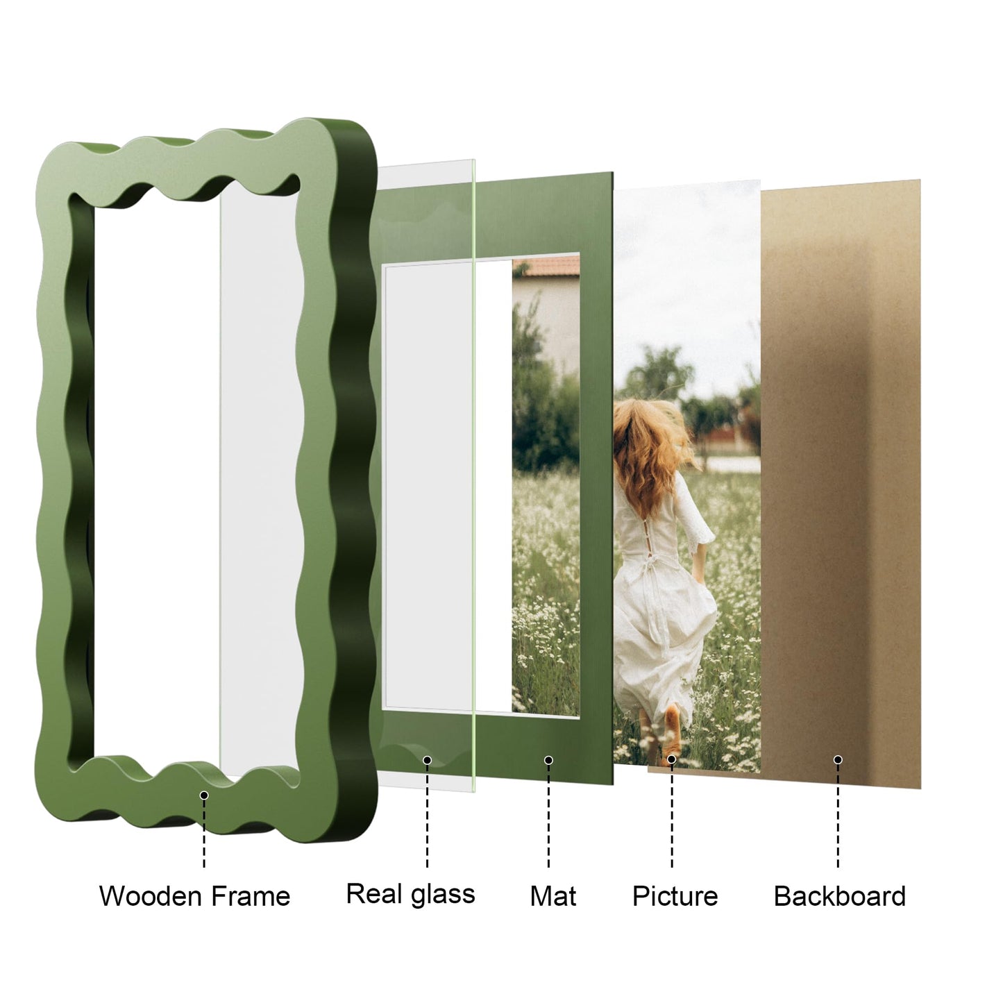 THKRLOF 4x6 Picture Frame with Mat for 3.5x5, Wavy Edge Wooden Real Glass Photo Frame for Tabletop and Wall Hanging, Green, 1 Pack
