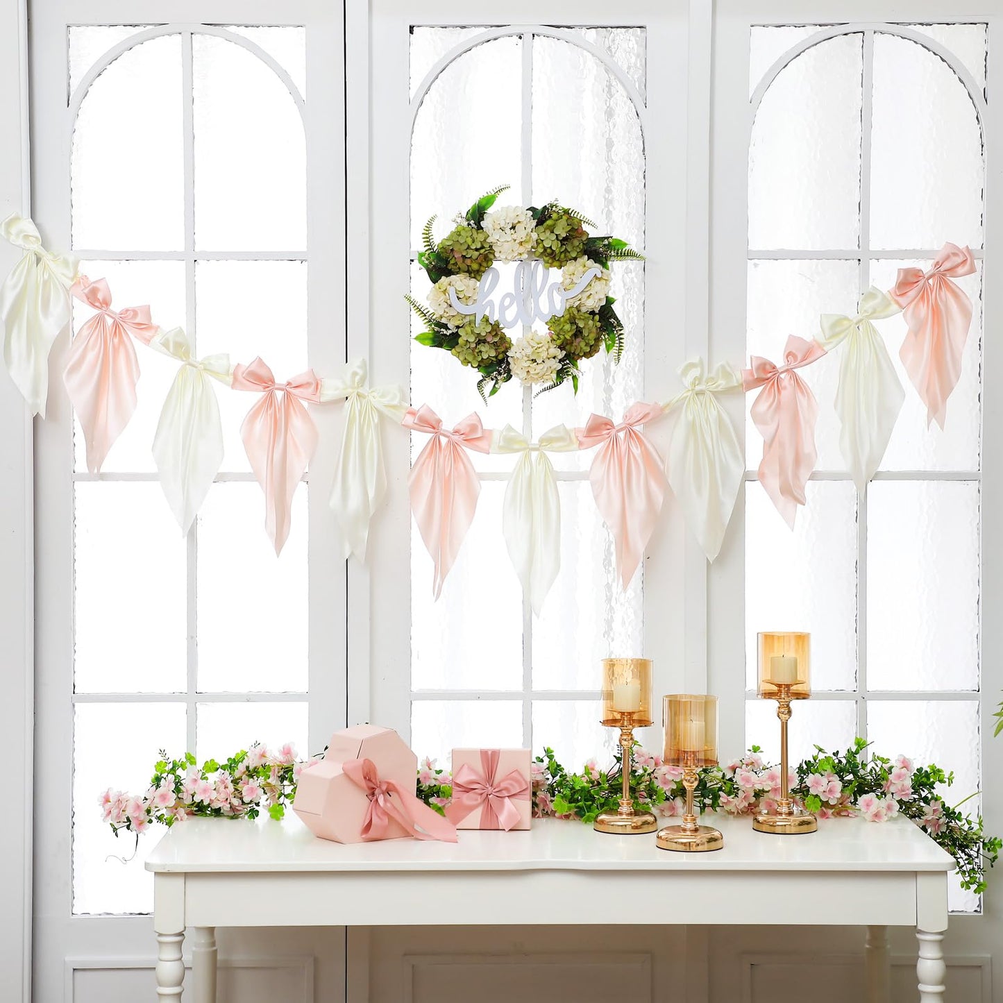 VitalCozy 1 PCS White Pink Bow Garland Banner, Satin Ribbon Hanging Party Bow Garland Decoration for Birthday Baby Shower Wedding Party Supplies