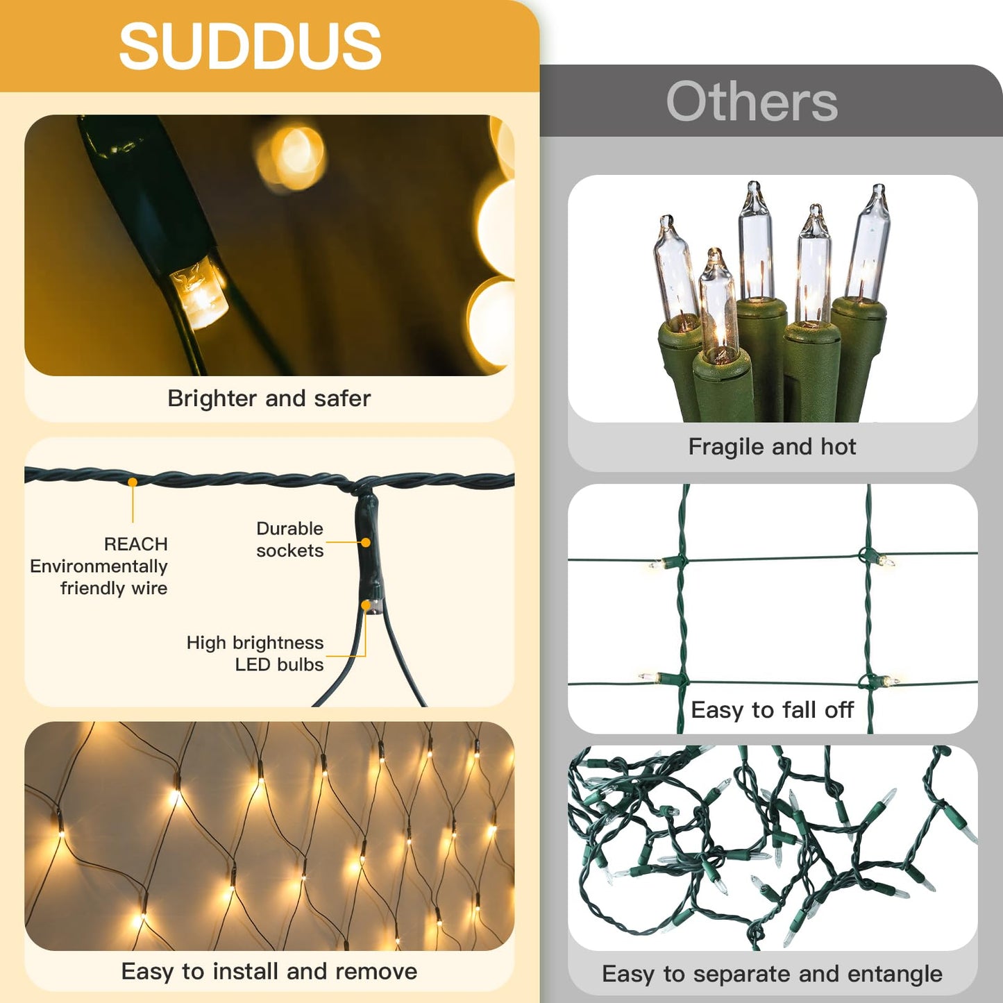 suddus 360 LED Christmas Net Light, Net Lights Outdoor,12ft x 5ft Bush Lights Outdoor Waterproof Connectable Green Wire for Bushes, Lamn, Trees, Christmas Decoration, Warm White