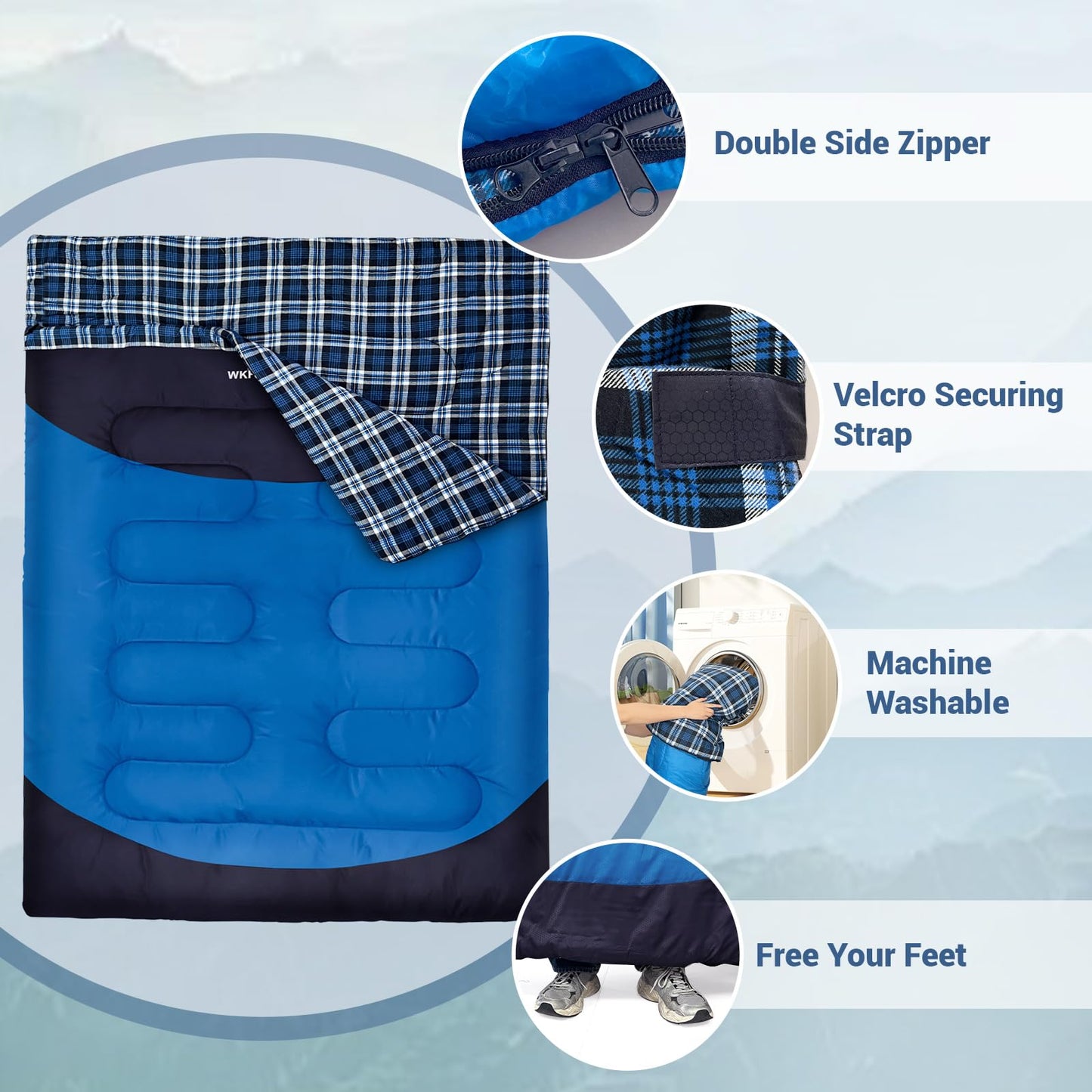 WKFAMOUT Cotton Flannel Double Sleeping Bag for Adults Machine Washable 2 Person Camping Sleeping Bag Queen Size Waterproof with Compression Sack for Cold Weather 3-4 Seasons