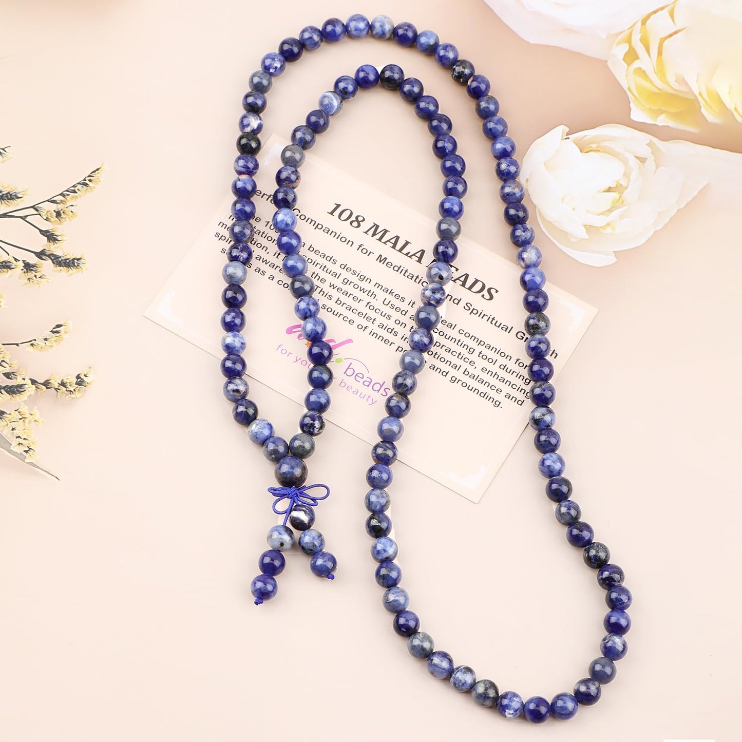 AD Beads 8mm 108 Prayer Mala Sodalite Elastic Bracelet - Stone fulfill the power of Wisdom - Handmade Yoga Meditation Healing Power Energy Gifts for Unisex Adult.