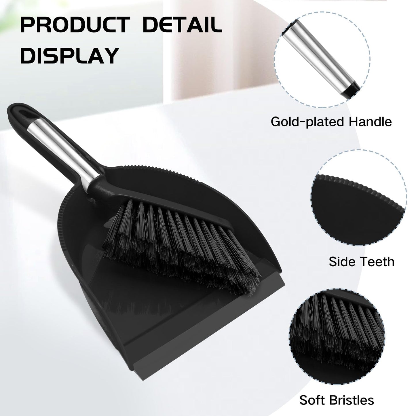 NACENA Mini Broom and Dustpan Set 2 Packs, Small Dust Pan and Brush Set with Handle Dustpan Teeth for Cleaning Hair Suitable for Office Desks Drawers Sofas Outdoor Camping, Black